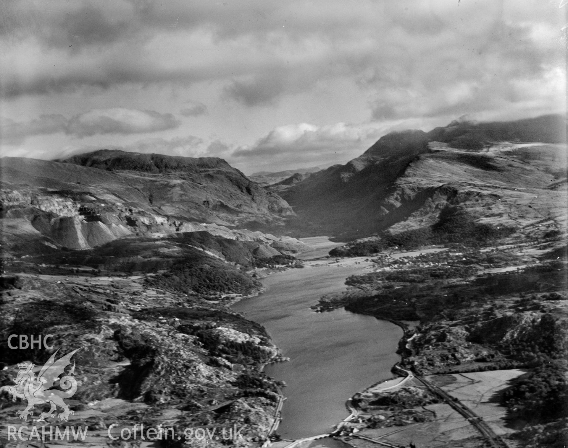 Distant view of Llanberis showing lake and mountains, oblique aerial view. 5?x4? black and white glass plate negative.