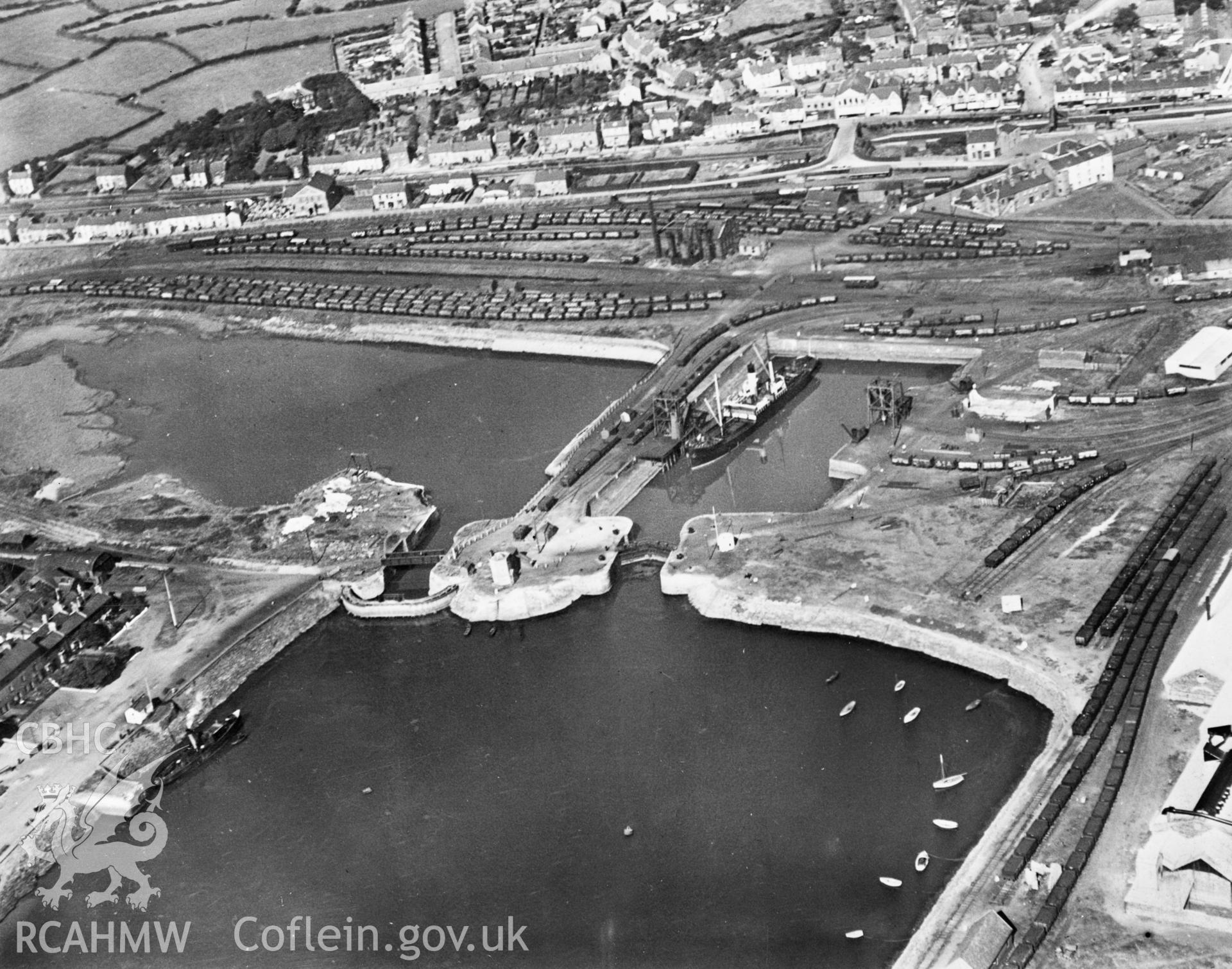 View of Burry Port Harbour and railway station. Oblique aerial photograph, 5?x4? BW glass plate.