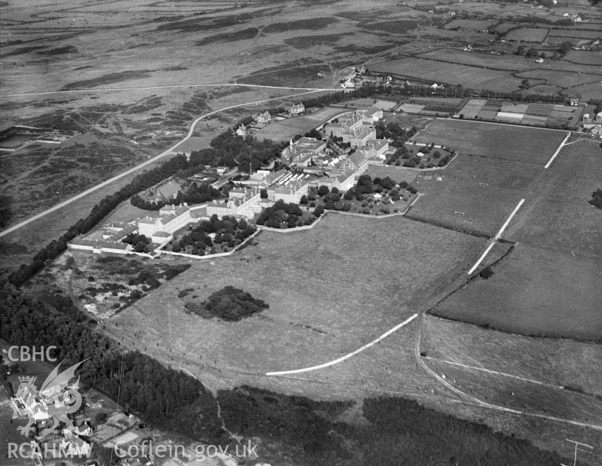 Parc Gwyllt County Mental Hospital, Bridgend, oblique aerial view. 5?x4? black and white glass plate negative.