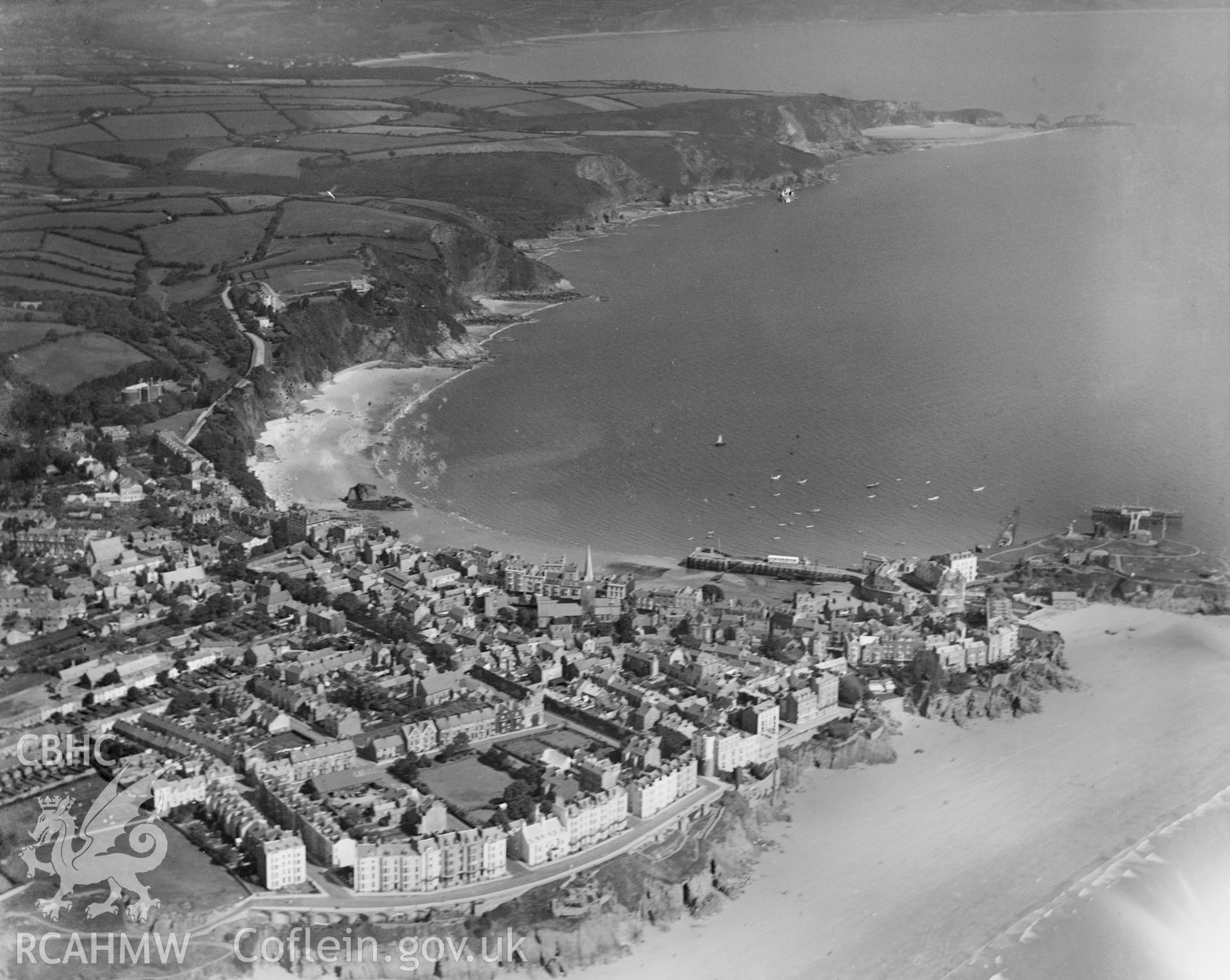 View of Tenby, oblique aerial view. 5?x4? black and white glass plate negative.