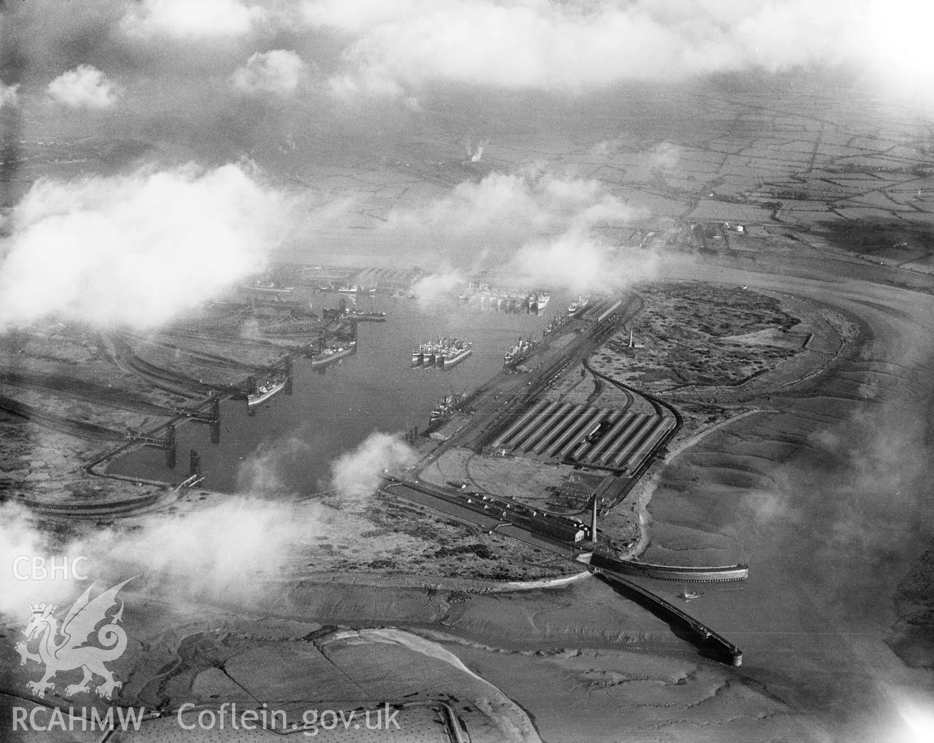 View of Newport Docks, oblique aerial view. 5?x4? black and white glass plate negative.