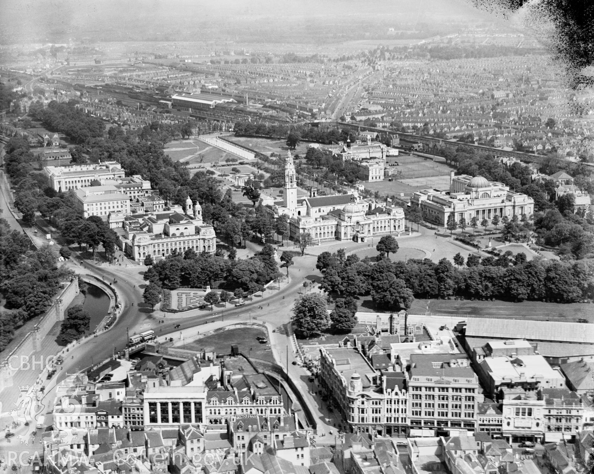 View of Cardiff Civic Centre, Cathays Park, oblique aerial view. 5?x4? black and white glass plate negative.