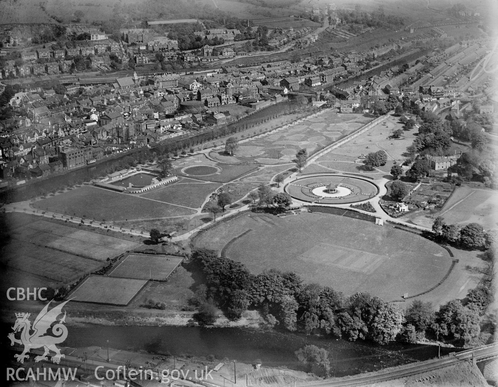 View of Ynysangharad Park and swimming pool, oblique aerial view. 5?x4? black and white glass plate negative.