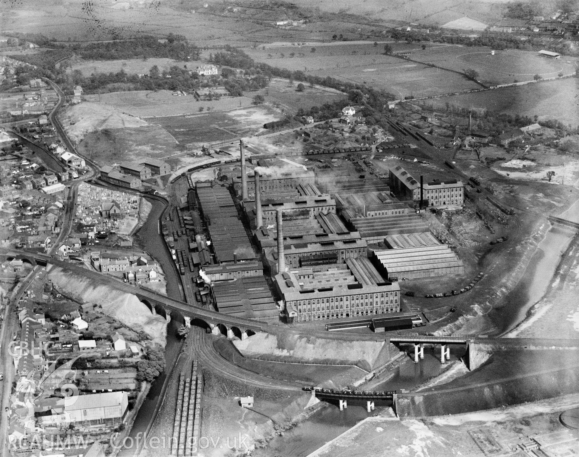 View of Mond Nickel Co., Clydach, oblique aerial view. 5?x4? black and white glass plate negative.
