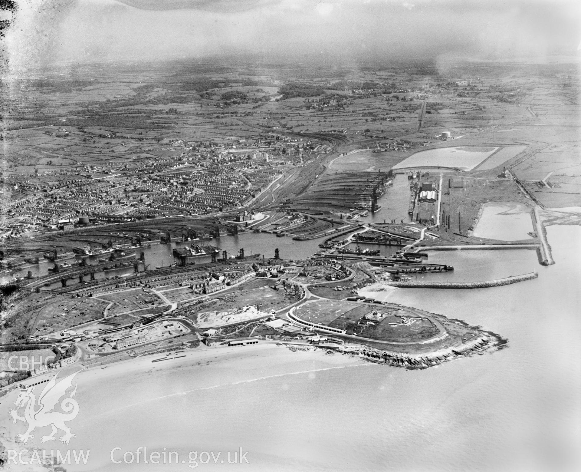 General view of Barry Docks, oblique aerial view. 5?x4? black and white glass plate negative.