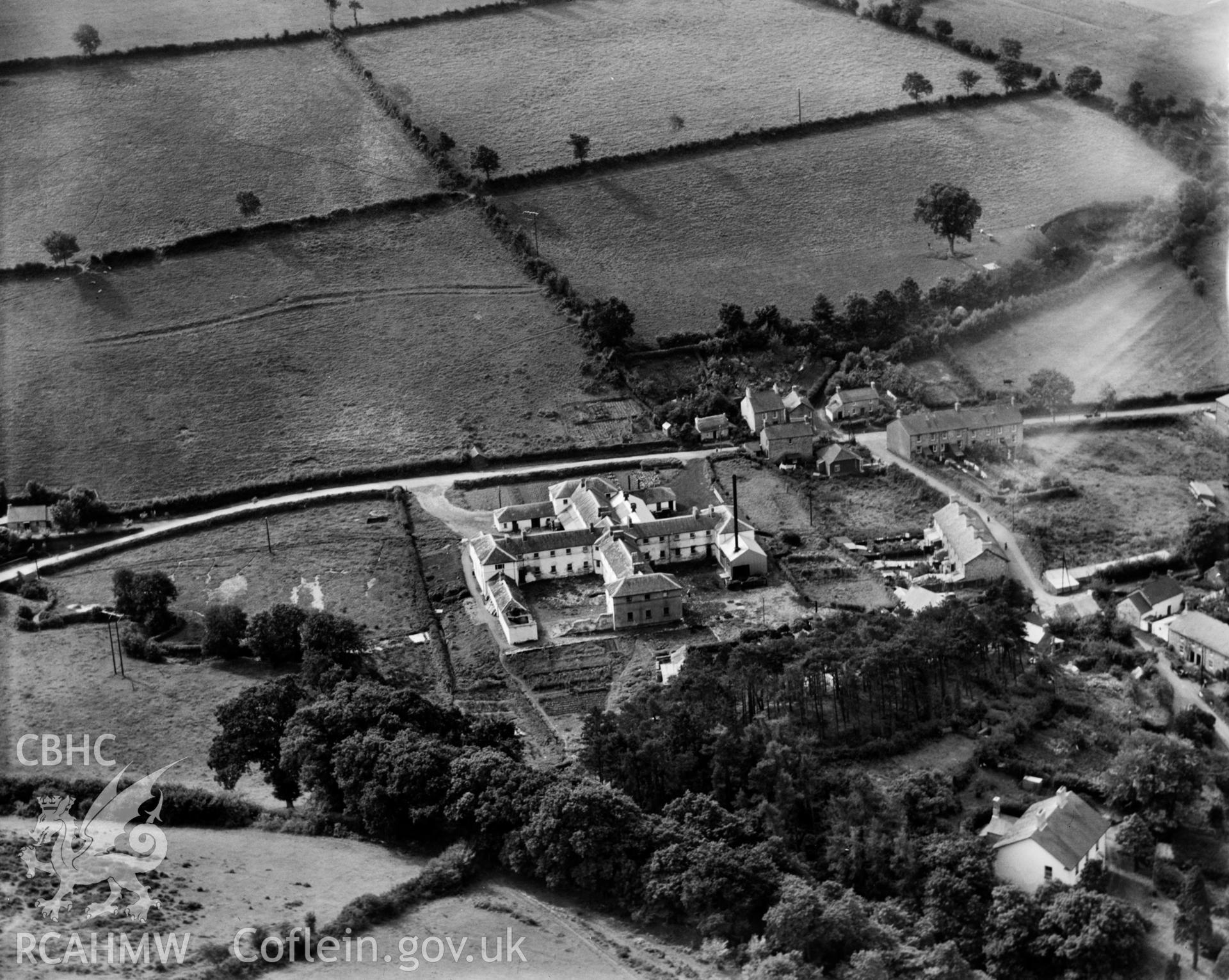 View of Garstand Creameries, Newcastle Emlyn, oblique aerial view. 5?x4? black and white glass plate negative.