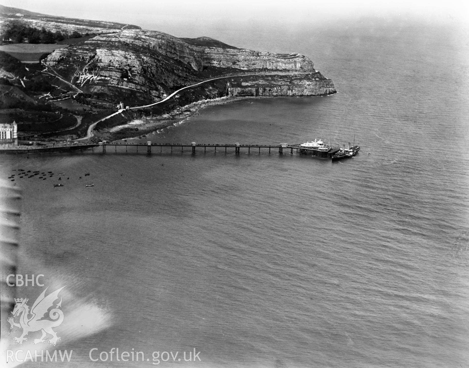 View of Llandudno showing pier and steam paddle ship, oblique aerial view. 5?x4? black and white glass plate negative.