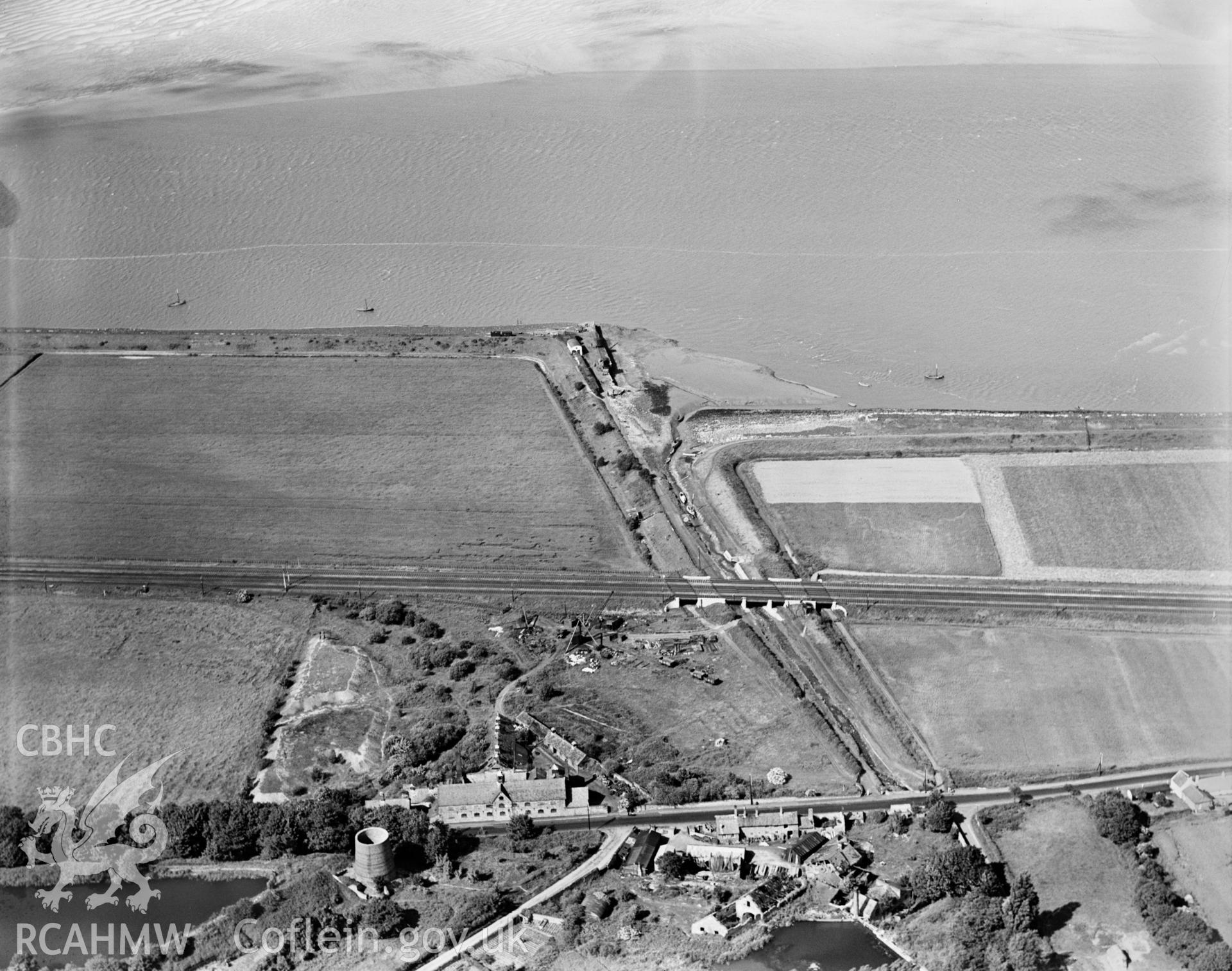 View of the Lead Works and railway viaduct at Llanerch-y-mor, oblique aerial view. 5?x4? black and white glass plate negative.