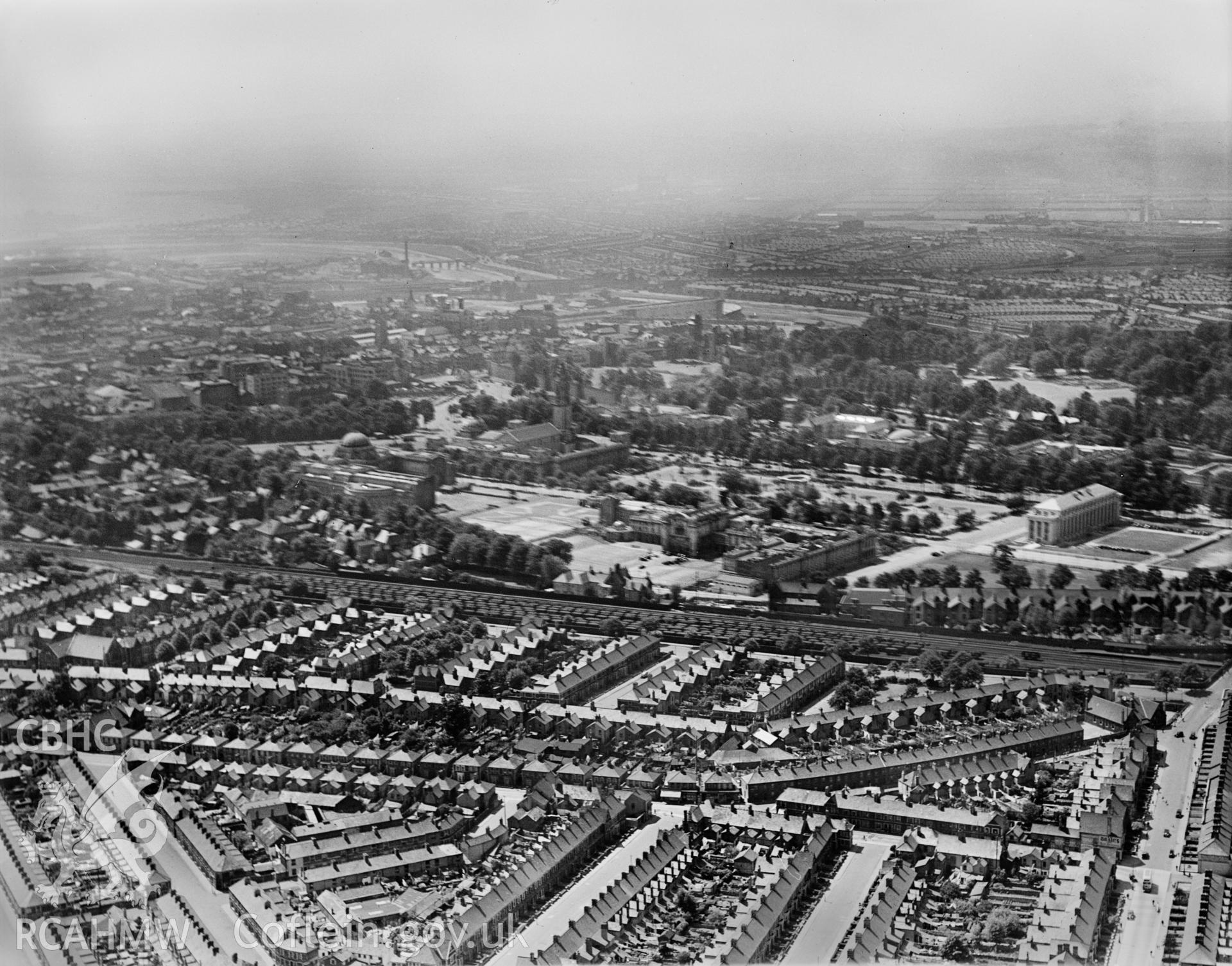 View of Cathays Park, Cardiff showing civic centre and residential area, oblique aerial view. 5?x4? black and white glass plate negative.