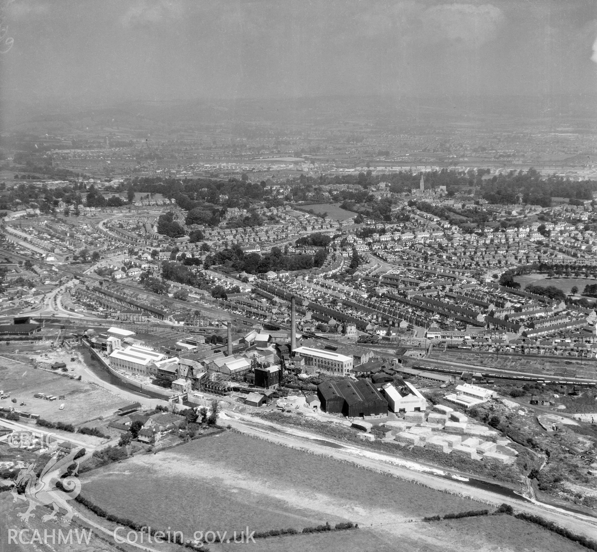 Black and white oblique aerial photograph showing view of Ely Paper Mills taken on 21 September 1947, looking north. Taken by Aerofilms Ltd.