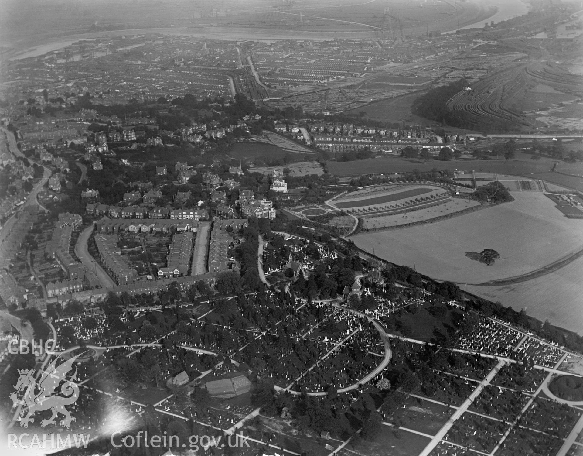General view of Newport showing St Woolos Cemetery, oblique aerial view. 5?x4? black and white glass plate negative.