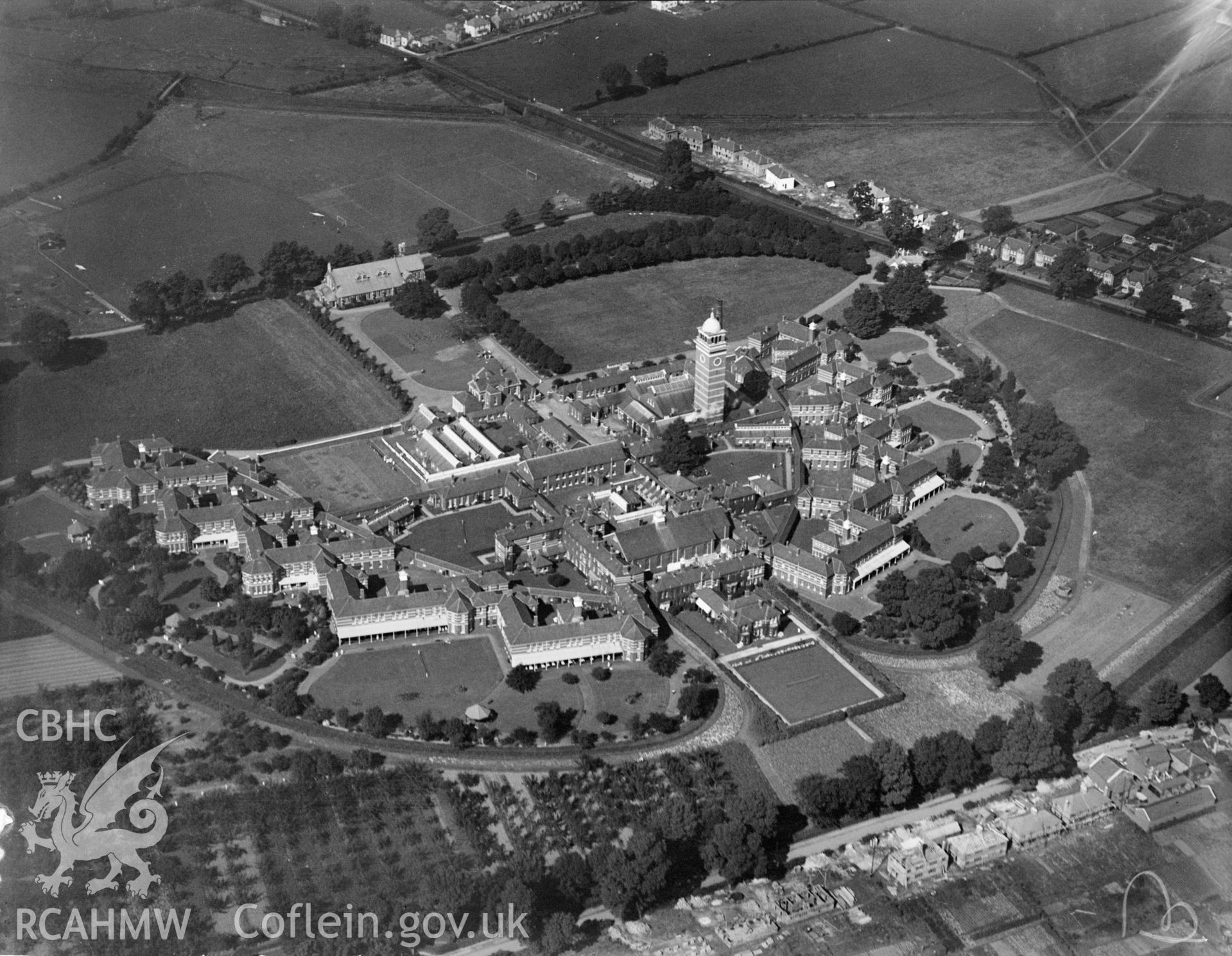 Cardiff City Mental Hospital, Whitchurch, oblique aerial view. 5?x4? black and white glass plate negative.