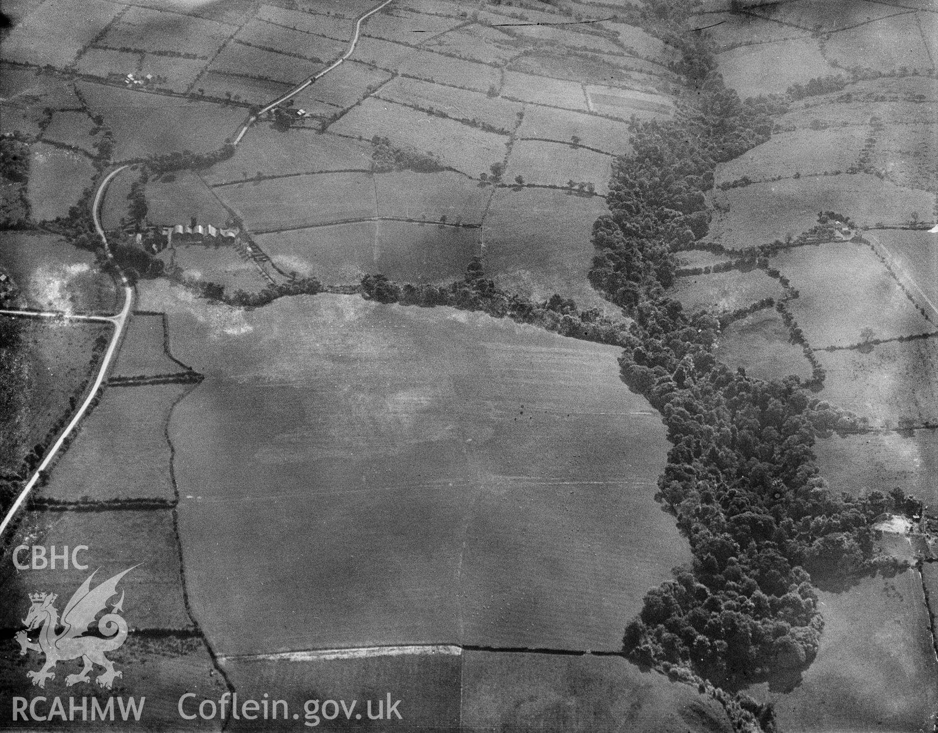 View of Rhos Uchaf aerodrome. Oblique aerial photograph, 5?x4? BW glass plate.