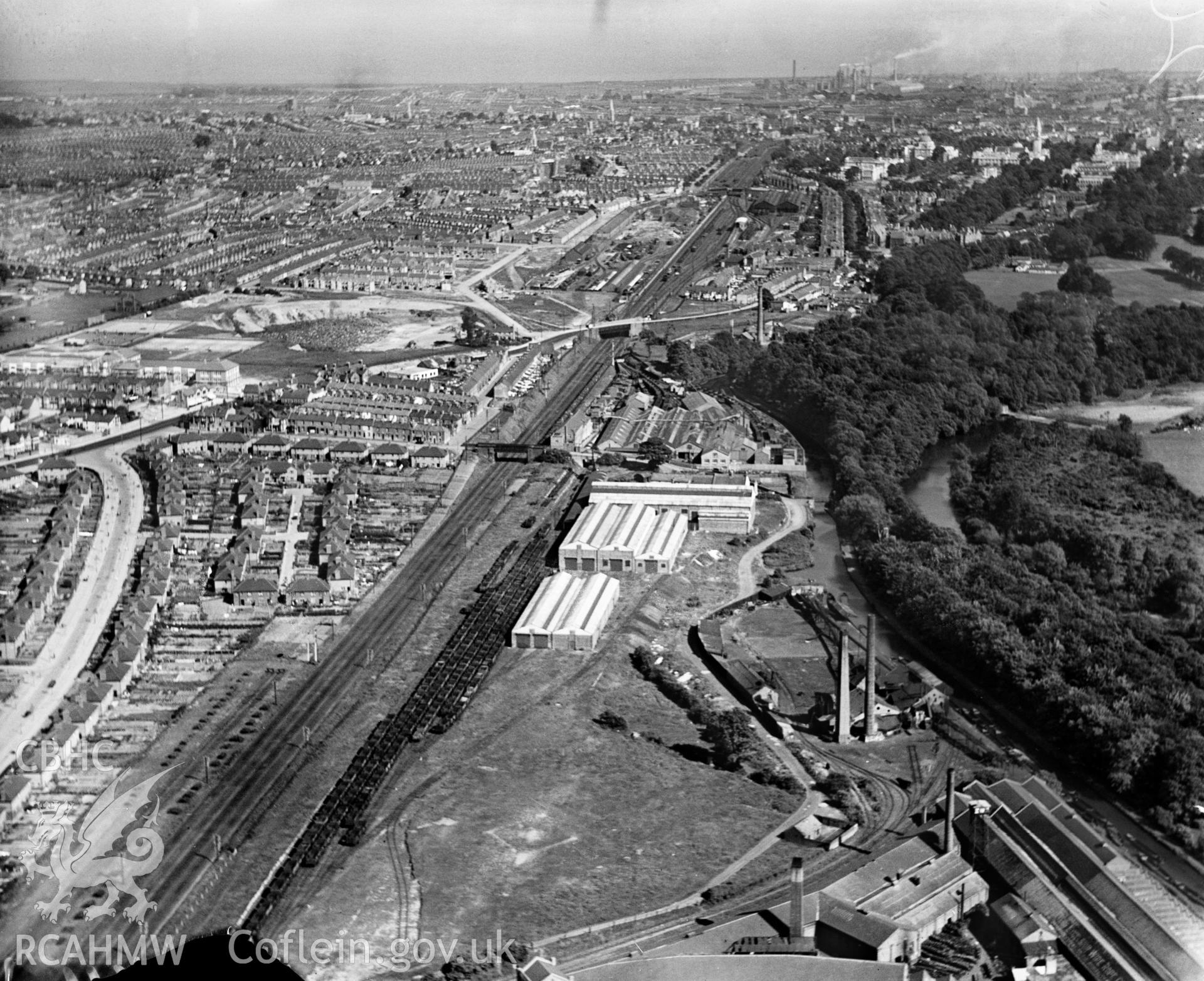 View of Hall,  Lewis & Co., Maindy, oblique aerial view. 5?x4? black and white glass plate negative.