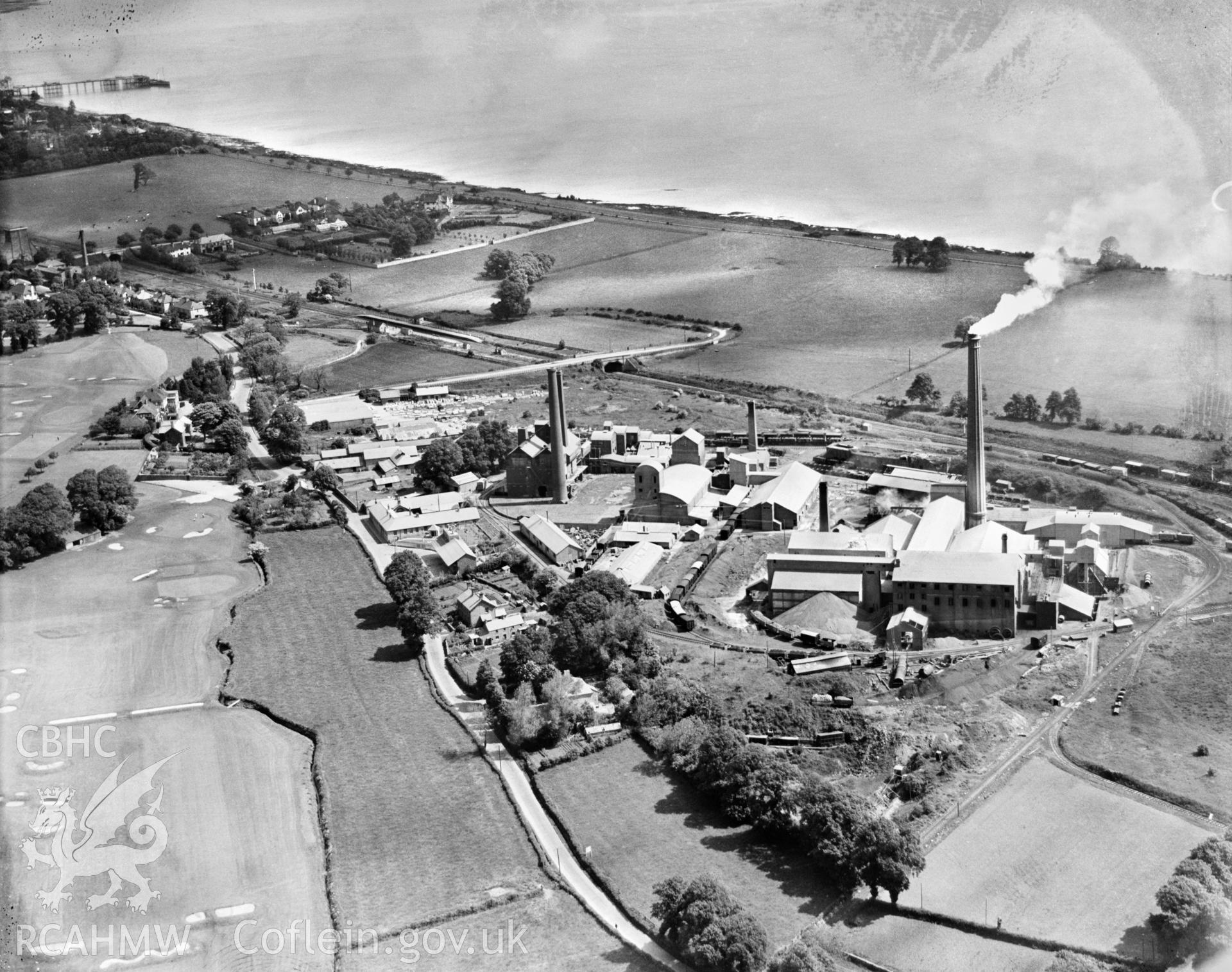 View of Portland cement and lime works, Penarth, oblique aerial view. 5?x4? black and white glass plate negative.