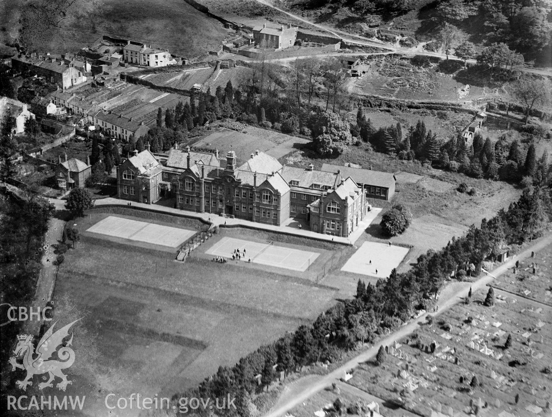 View of Pontypridd Grammar Schhol for Girls, oblique aerial view. 5?x4? black and white glass plate negative.