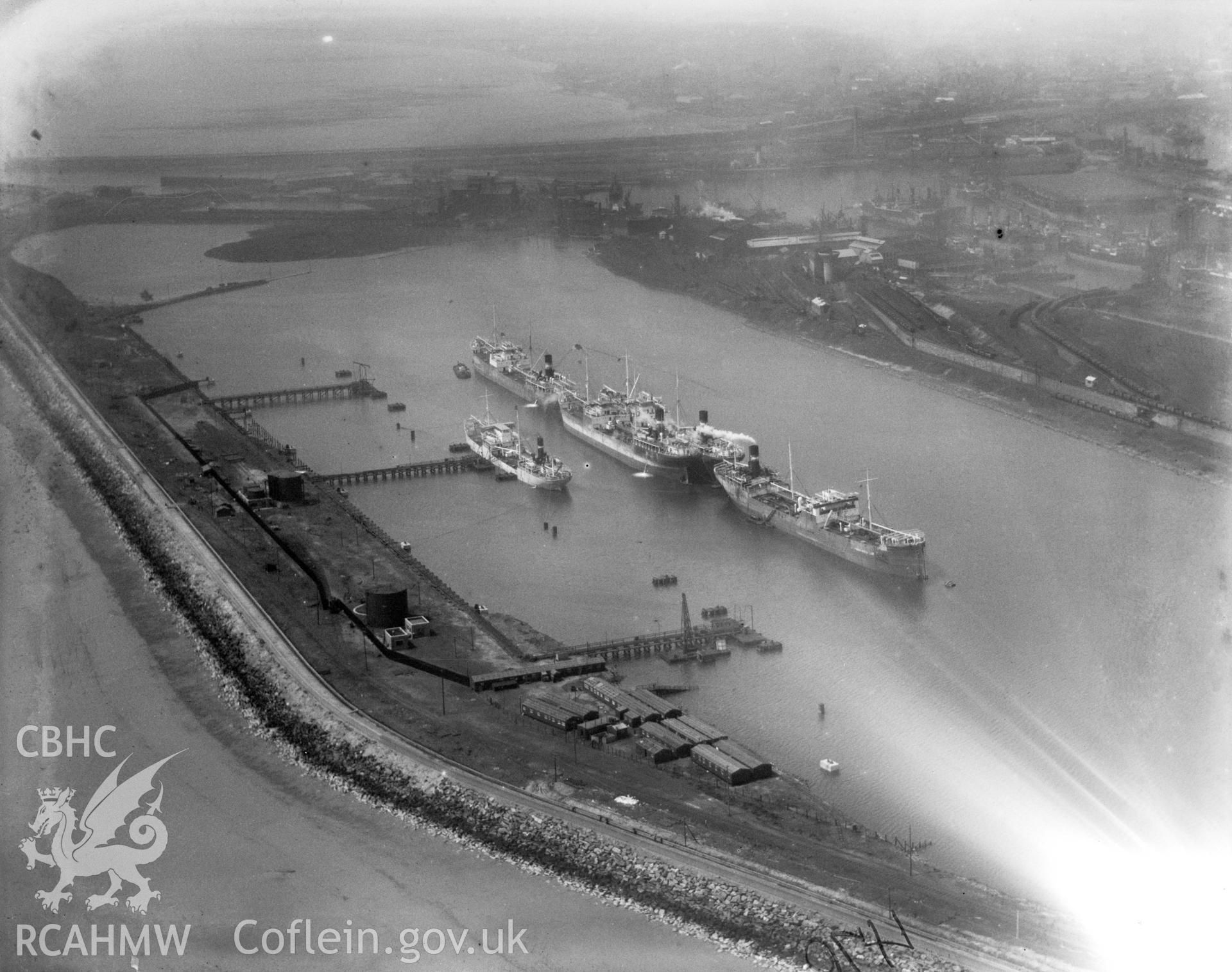 View of ships moored at Queen's Dock, Swansea. Oblique aerial photograph, 5?x4? BW glass plate.