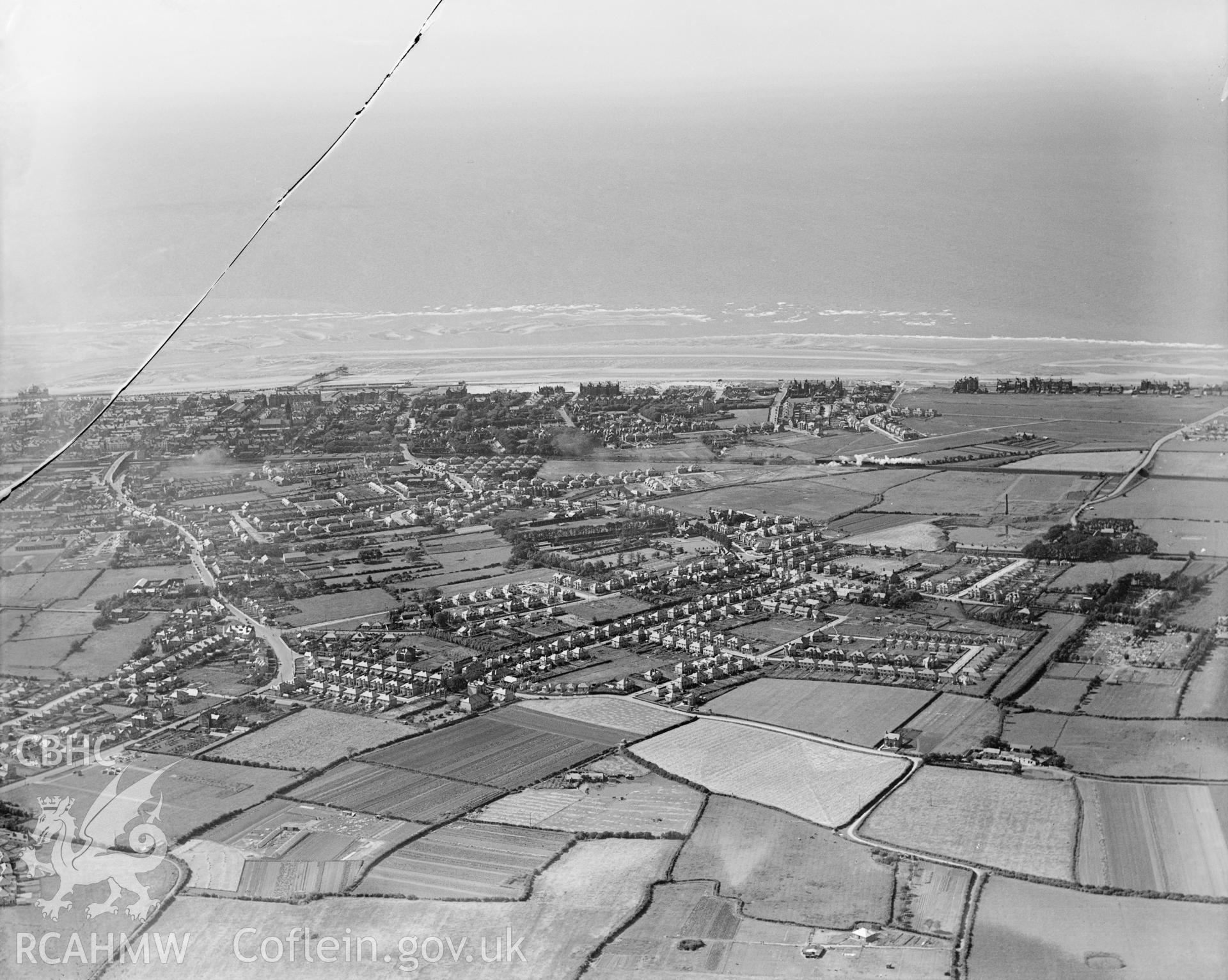 View of Rhyl, oblique aerial view. 5?x4? black and white glass plate negative.
