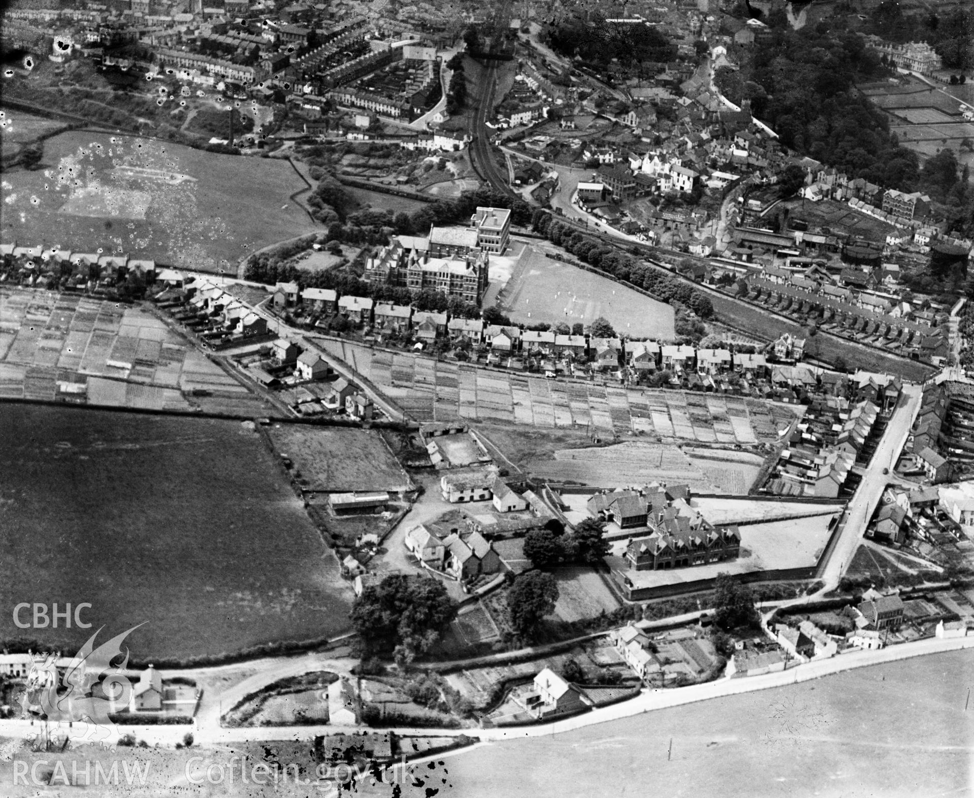 View of West Monmouth School, Pontypool, oblique aerial view. 5?x4? black and white glass plate negative.