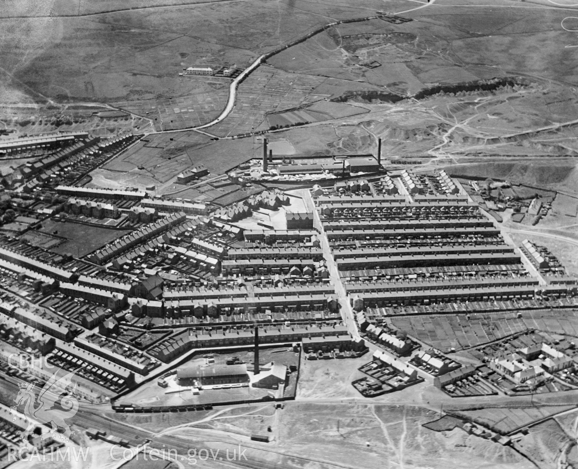 View of Ebbw Vale, oblique aerial view. 5?x4? black and white glass plate negative.