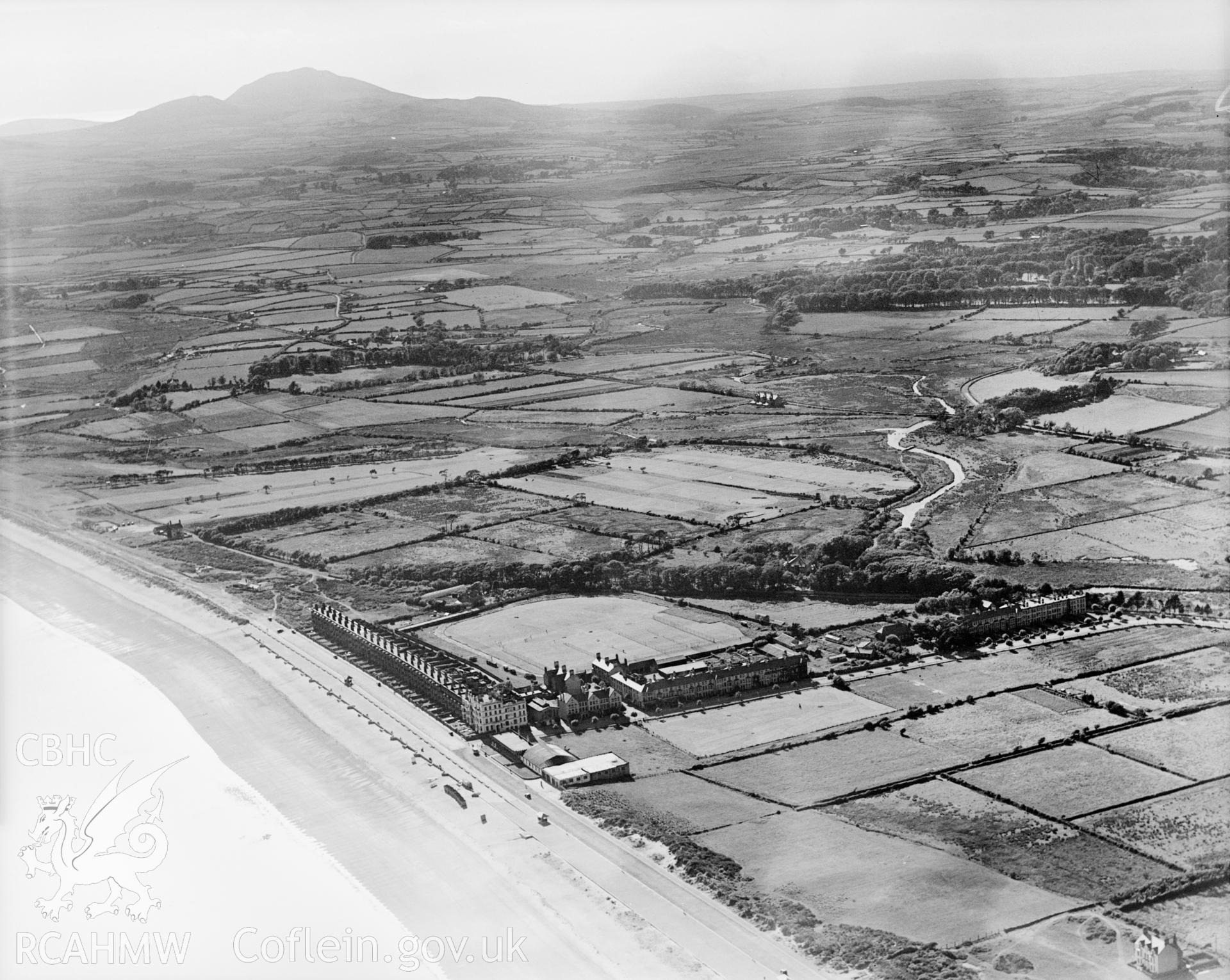 View of Pwllheli showing promenade and recreation ground, oblique aerial view. 5?x4? black and white glass plate negative.