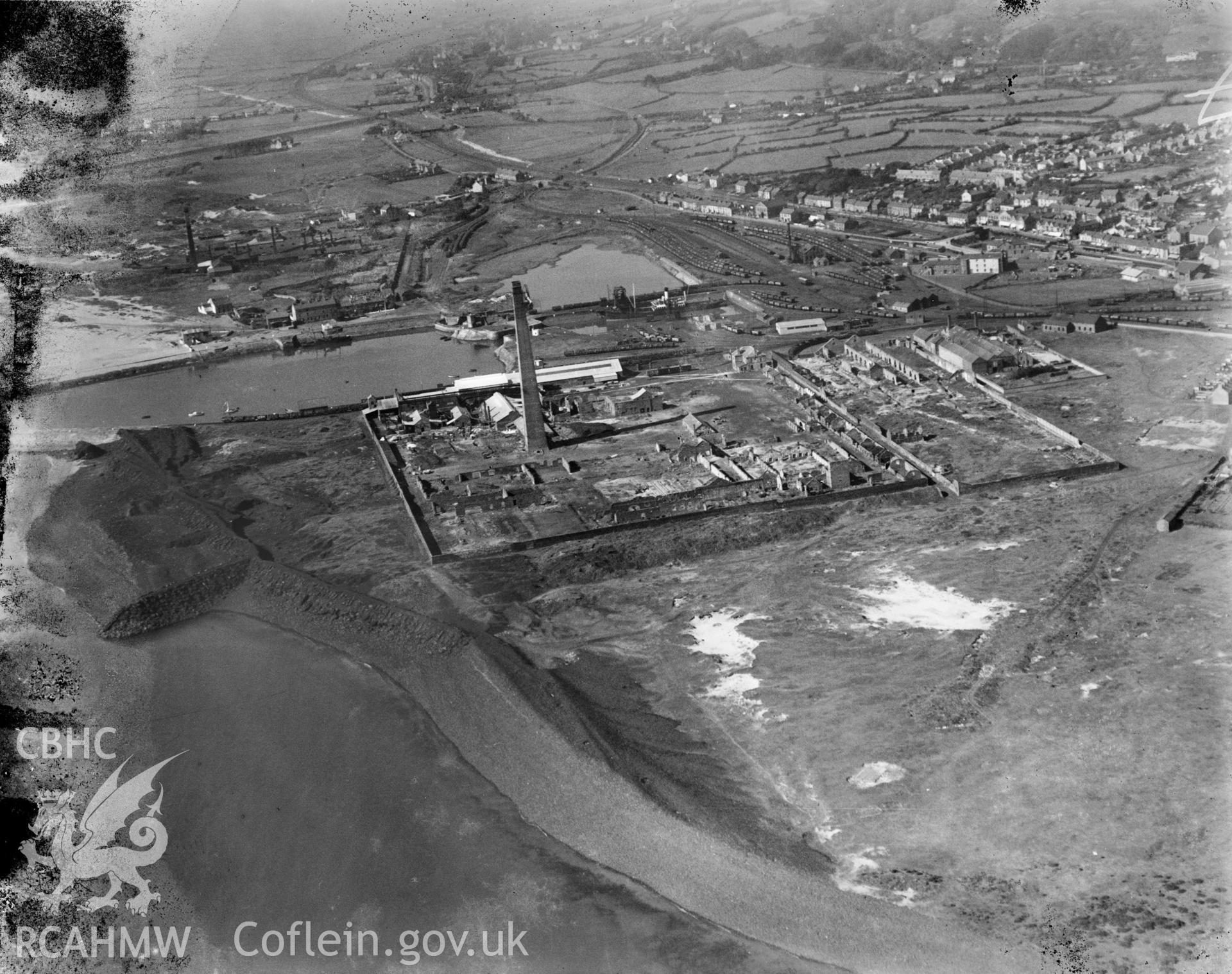 View of Frickers Metal Co., Pembrey, oblique aerial view. 5?x4? black and white glass plate negative.