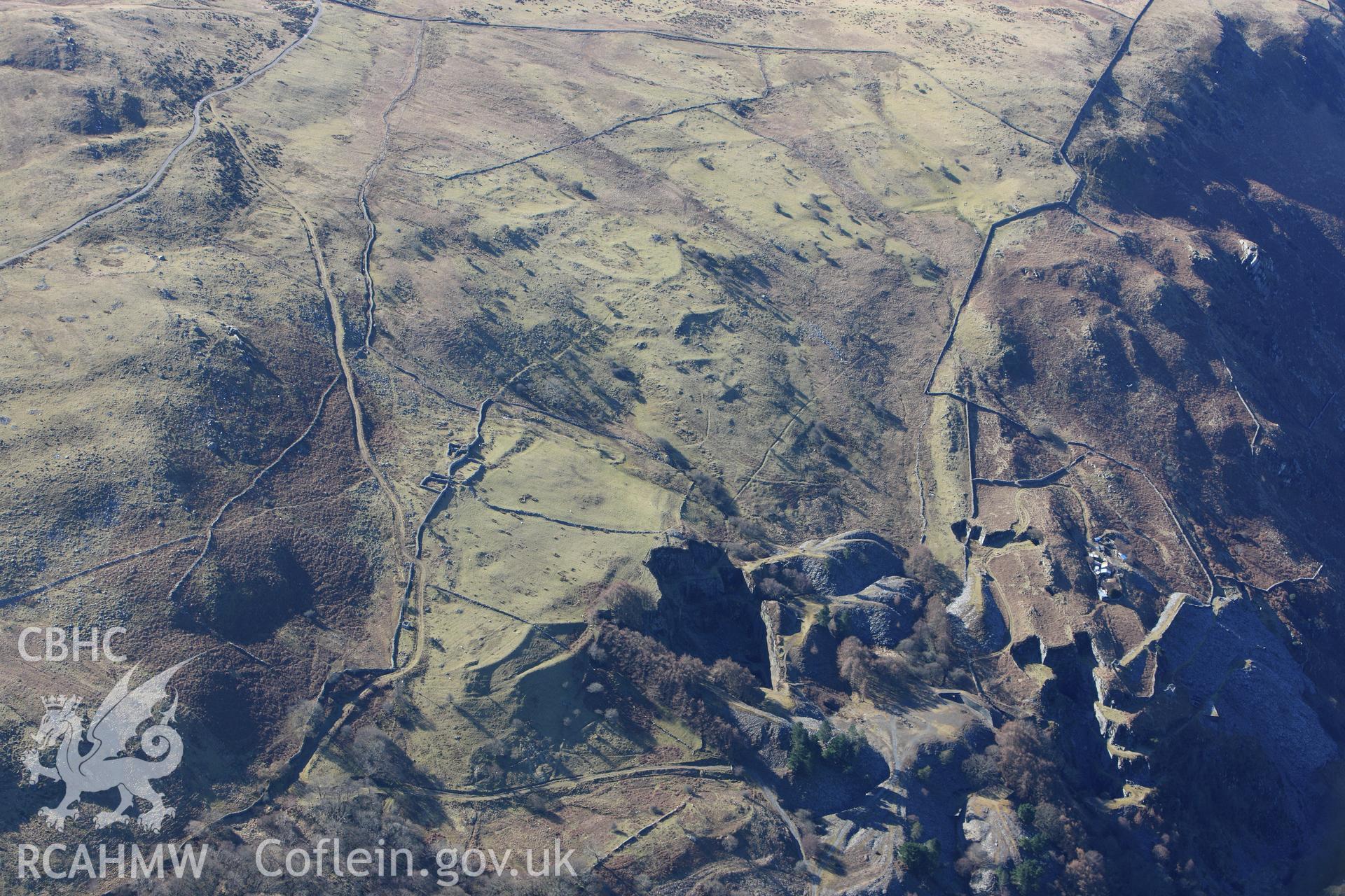 RCAHMW colour oblique photograph of Froig and Hen-Ddol slate quarries. Taken by Toby Driver on 08/03/2010.