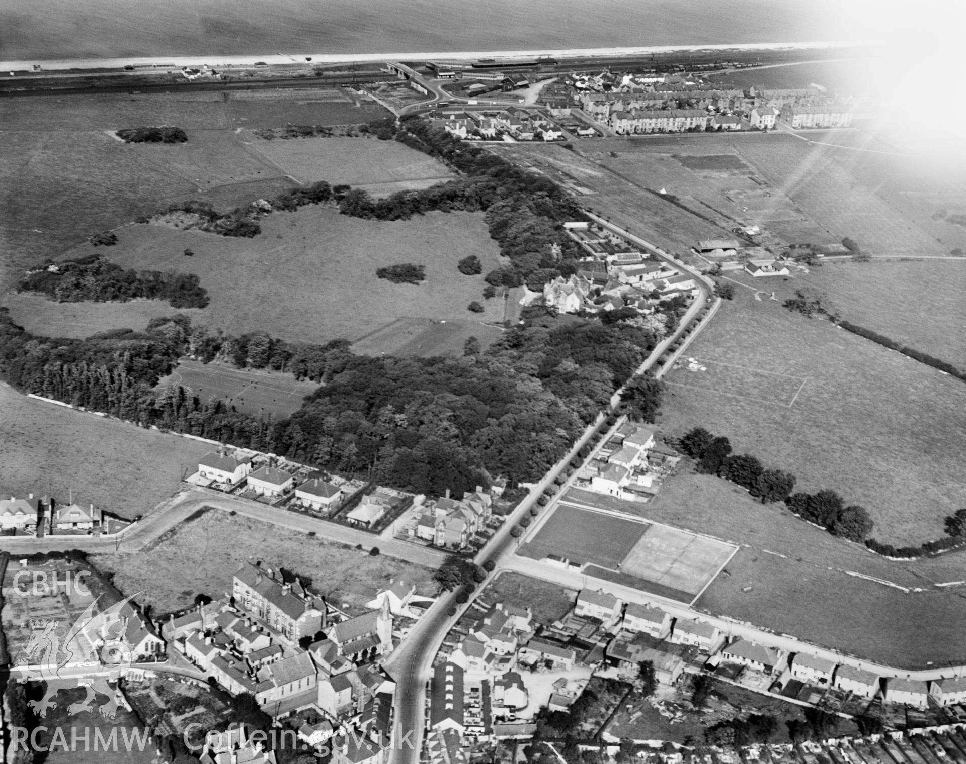 View of Pentre Mawr School, Abergele, taken for Messrs E & J Sales, oblique aerial view. 5?x4? black and white glass plate negative.