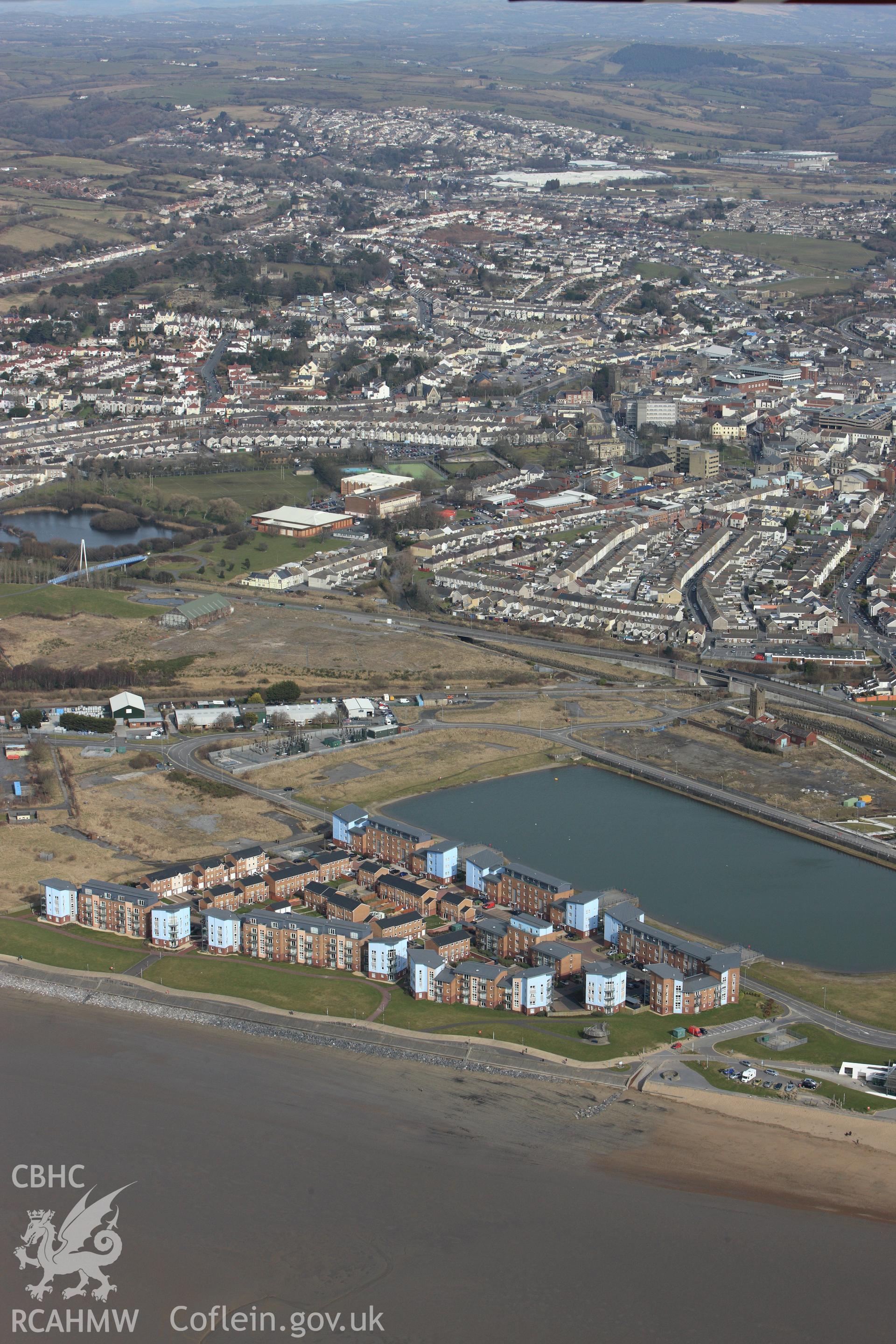 RCAHMW colour oblique photograph of North Dock, Llanelli;Llanelli from west. Taken by Toby Driver on 02/03/2010.