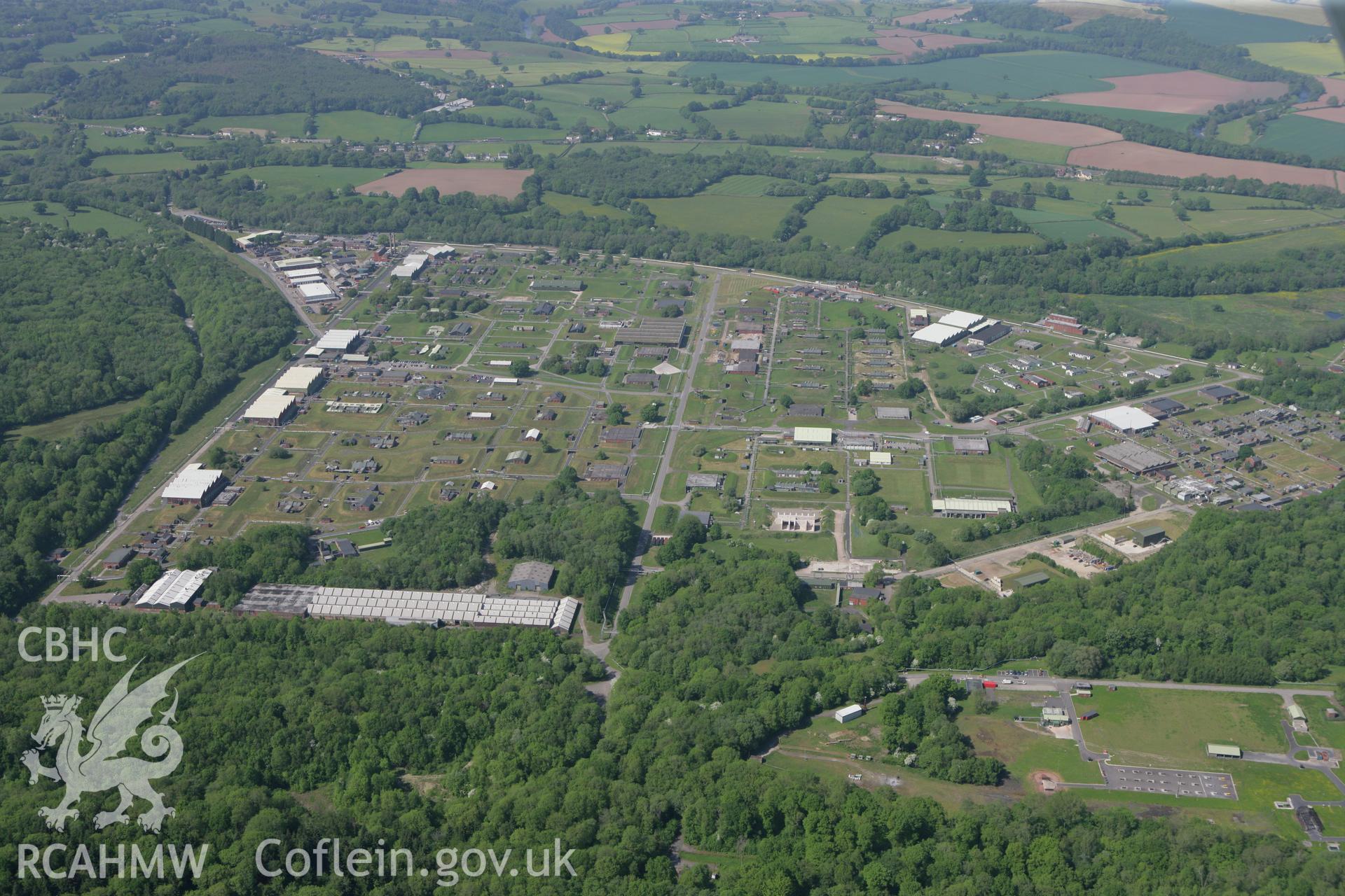 RCAHMW colour oblique photograph of Glascoed Royal Ordnance Factory. Taken by Toby Driver on 24/05/2010.