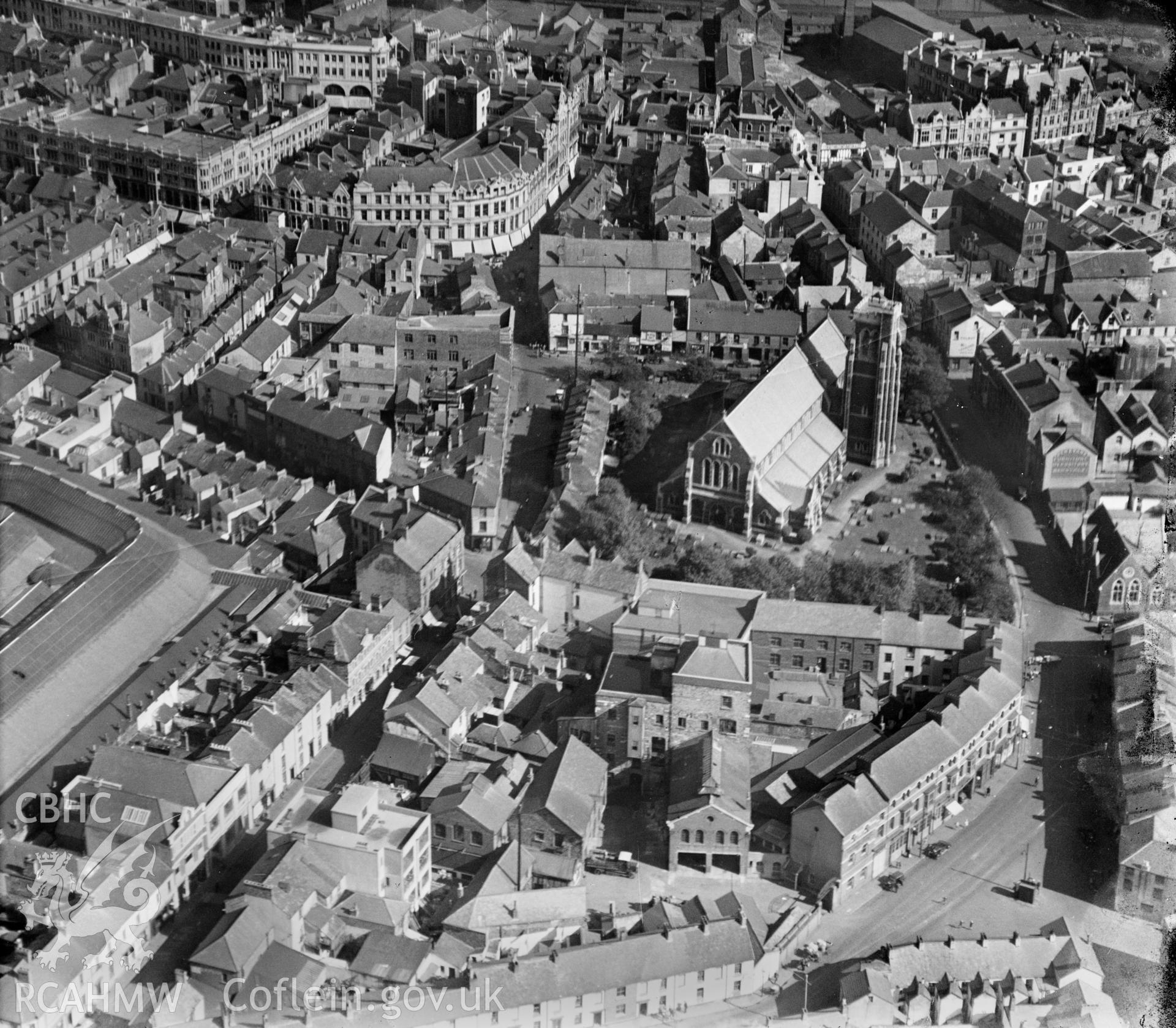 View of St Marys church, Swansea, oblique aerial view. 5?x4? black and white glass plate negative.