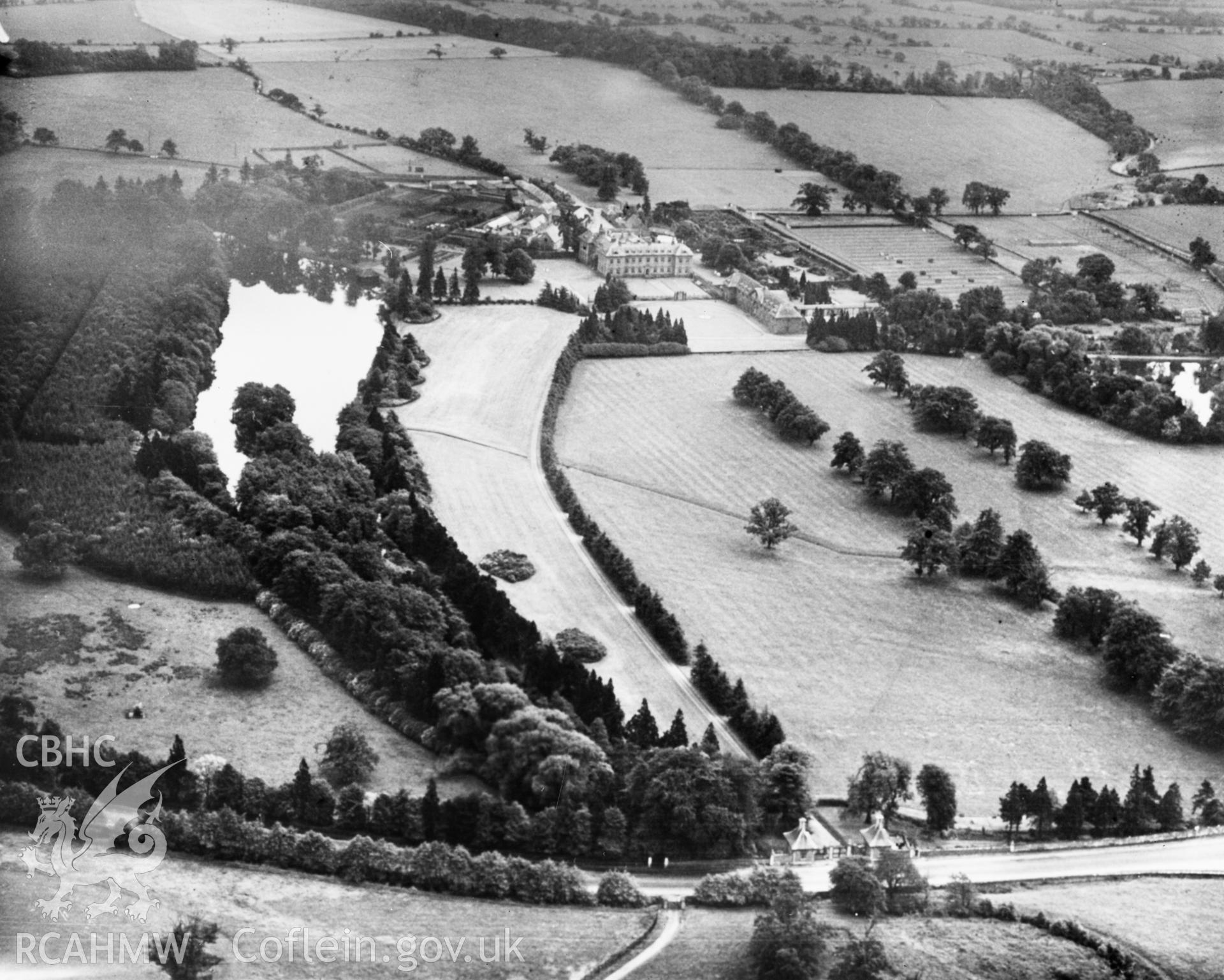 View of Tredegar showing parklands. Oblique aerial photograph, 5?x4? BW glass plate.