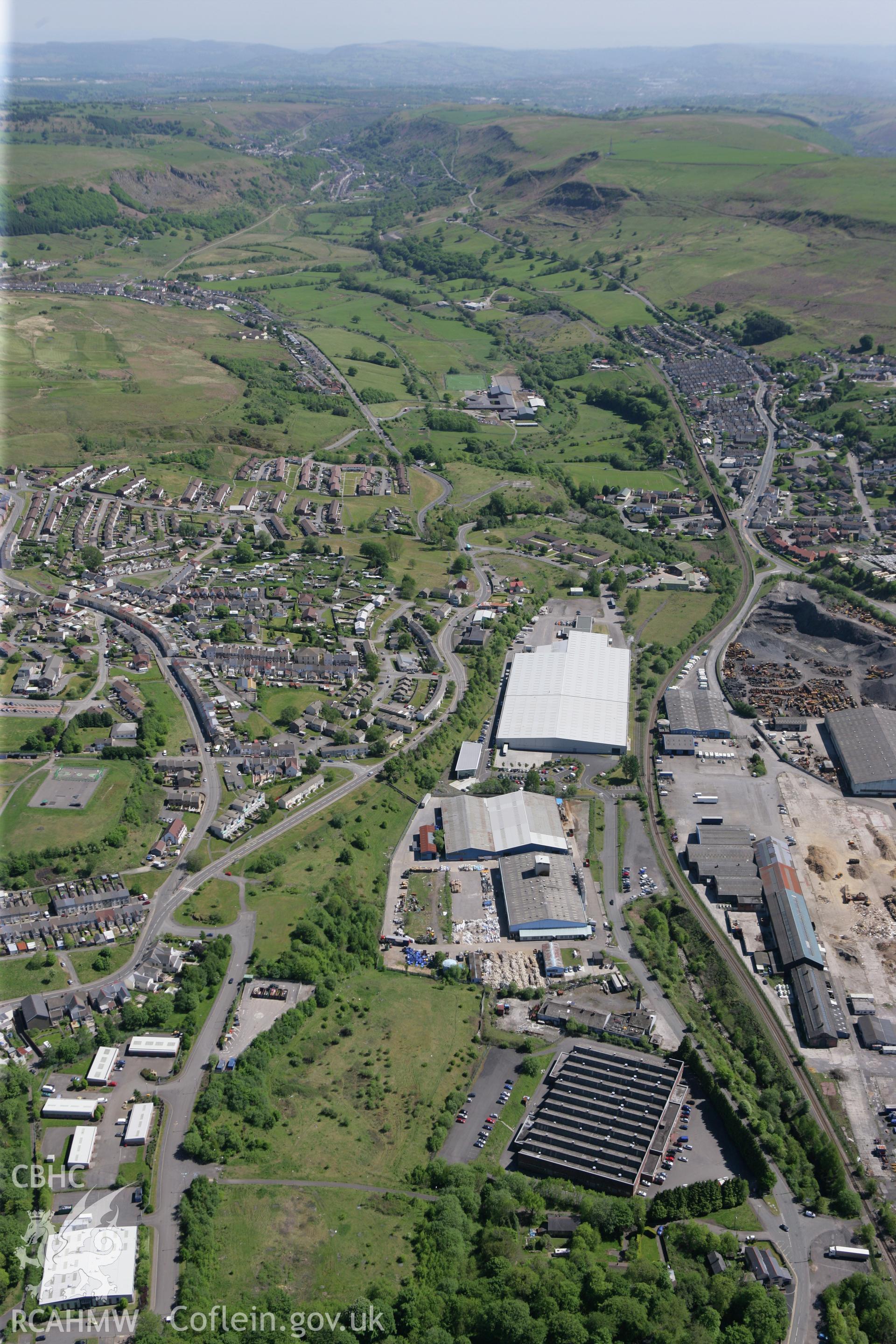 RCAHMW colour oblique photograph of Maerdy Industrial Estate, Rhymney. Taken by Toby Driver on 24/05/2010.