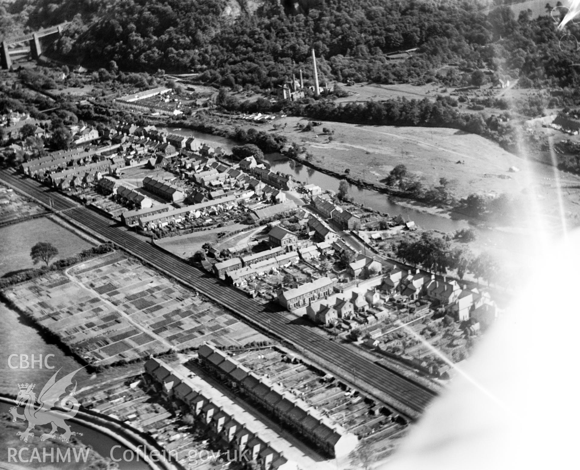 General view of Taffs Well showing housing, Walnut Tree viaduct and Glamorganshire Canal, oblique aerial view. 5?x4? black and white glass plate negative.