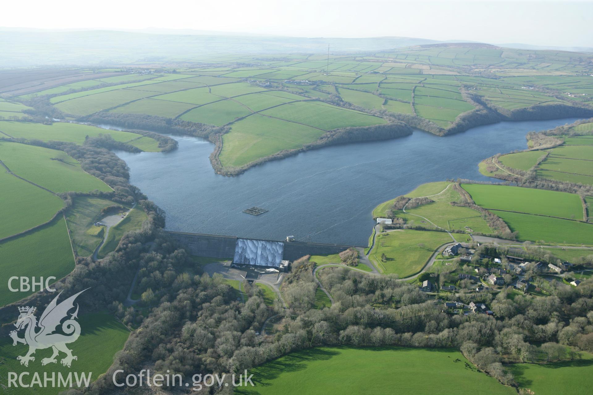RCAHMW colour oblique aerial photograph of Llys y Fran Reservoir Dam. Taken on 13 April 2010 by Toby Driver