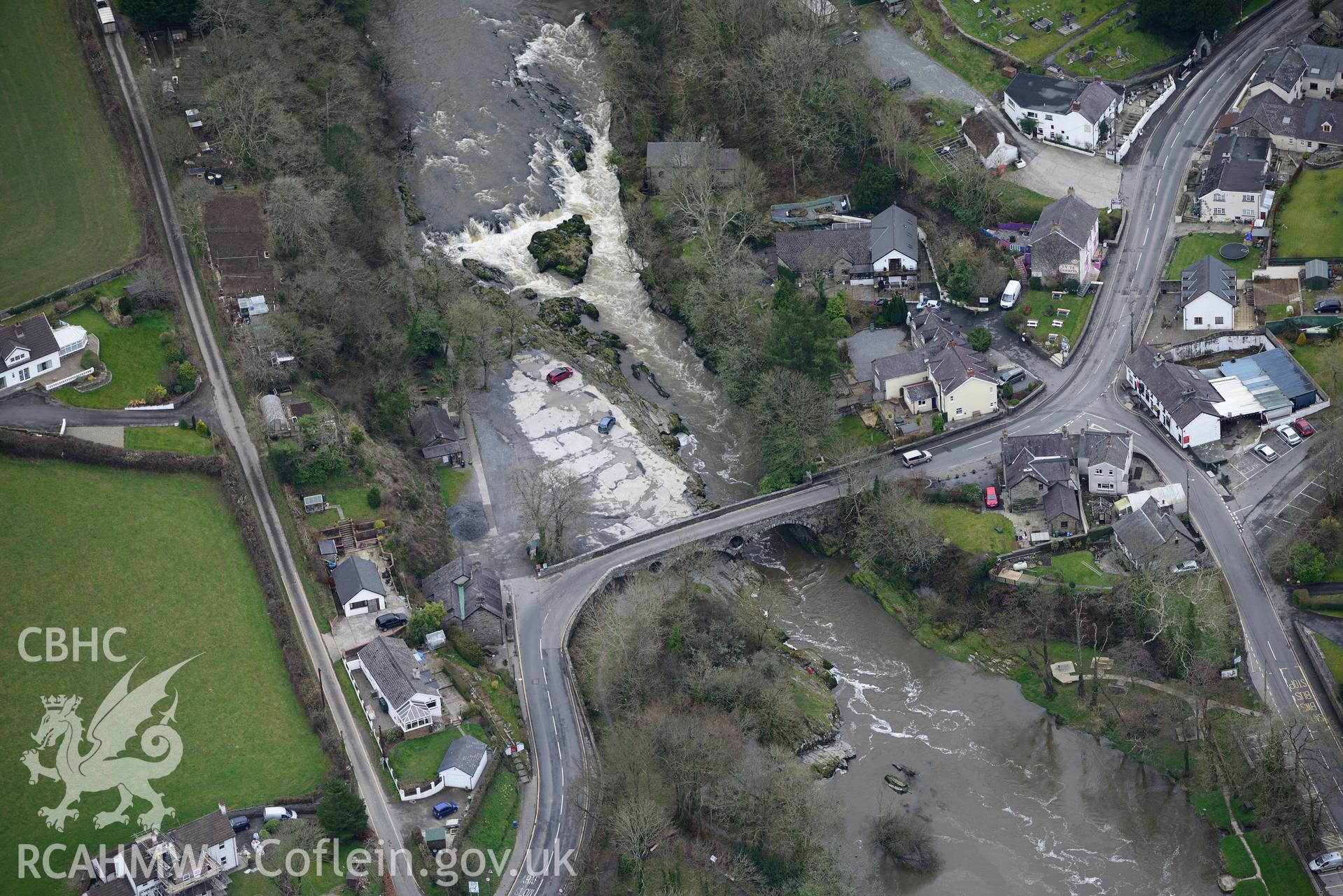 Cenarth bridge, Cenarth. Oblique aerial photograph taken during the Royal Commission's programme of archaeological aerial reconnaissance by Toby Driver on 13th March 2015.