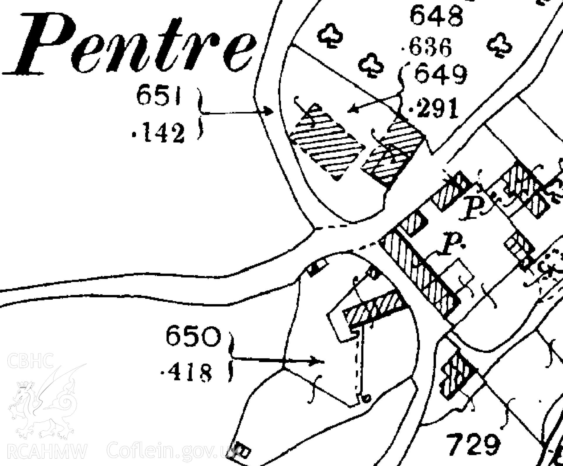 1902 Ordnance Survey map used as report illustration for CPAT Project 2414: Pentre Barns, Llandyssil, Powys - Building Survey. Prepared by Kate Pack of Clwyd Powys Archaeological Trust, 2019. Report no. 1694.