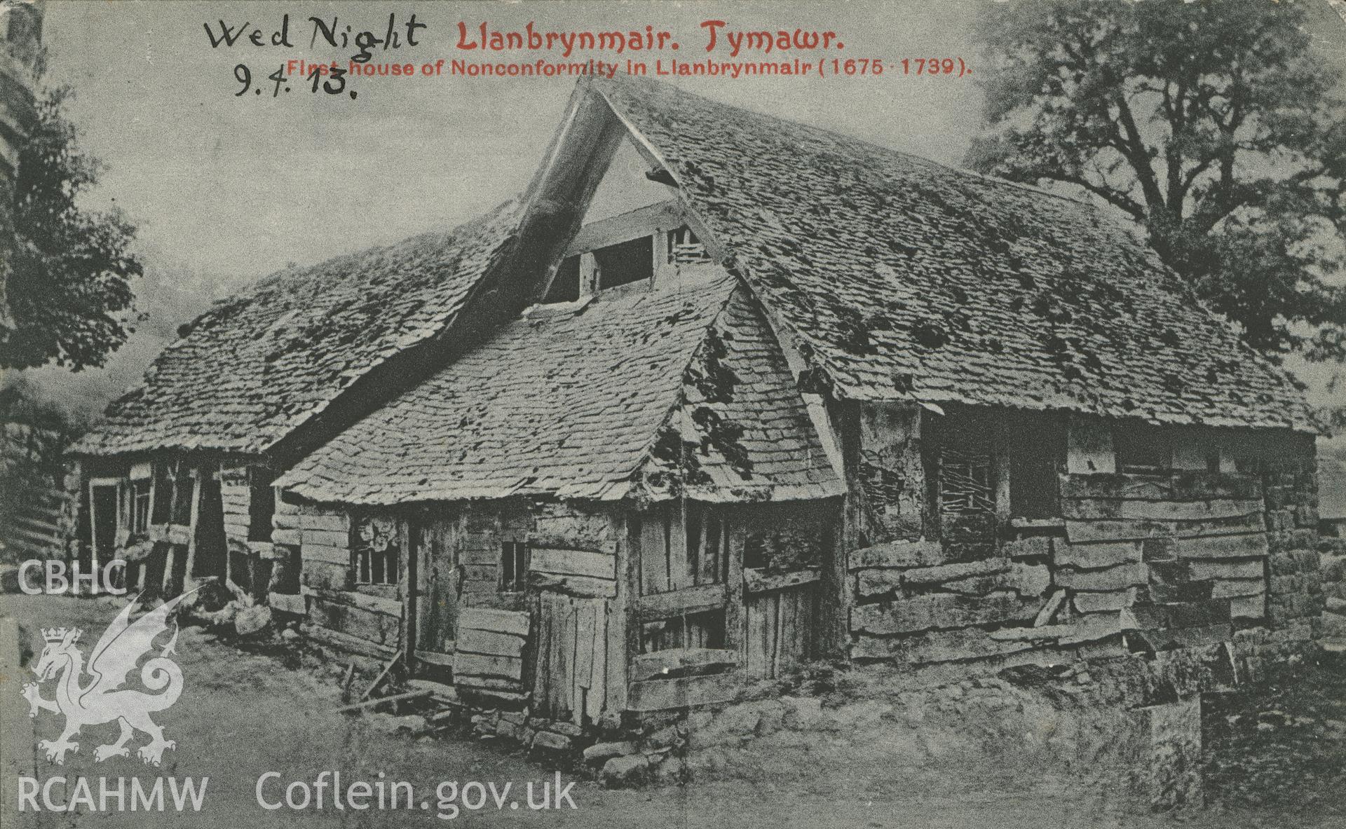 Digital copy of monochrome postcard showing exterior view of Ty Mawr Baptist chapel, Llanbrynmair. Produced by Park, Newtown, Mid Wales - part of the "Park for People" series. Loaned for copying by Thomas Lloyd.