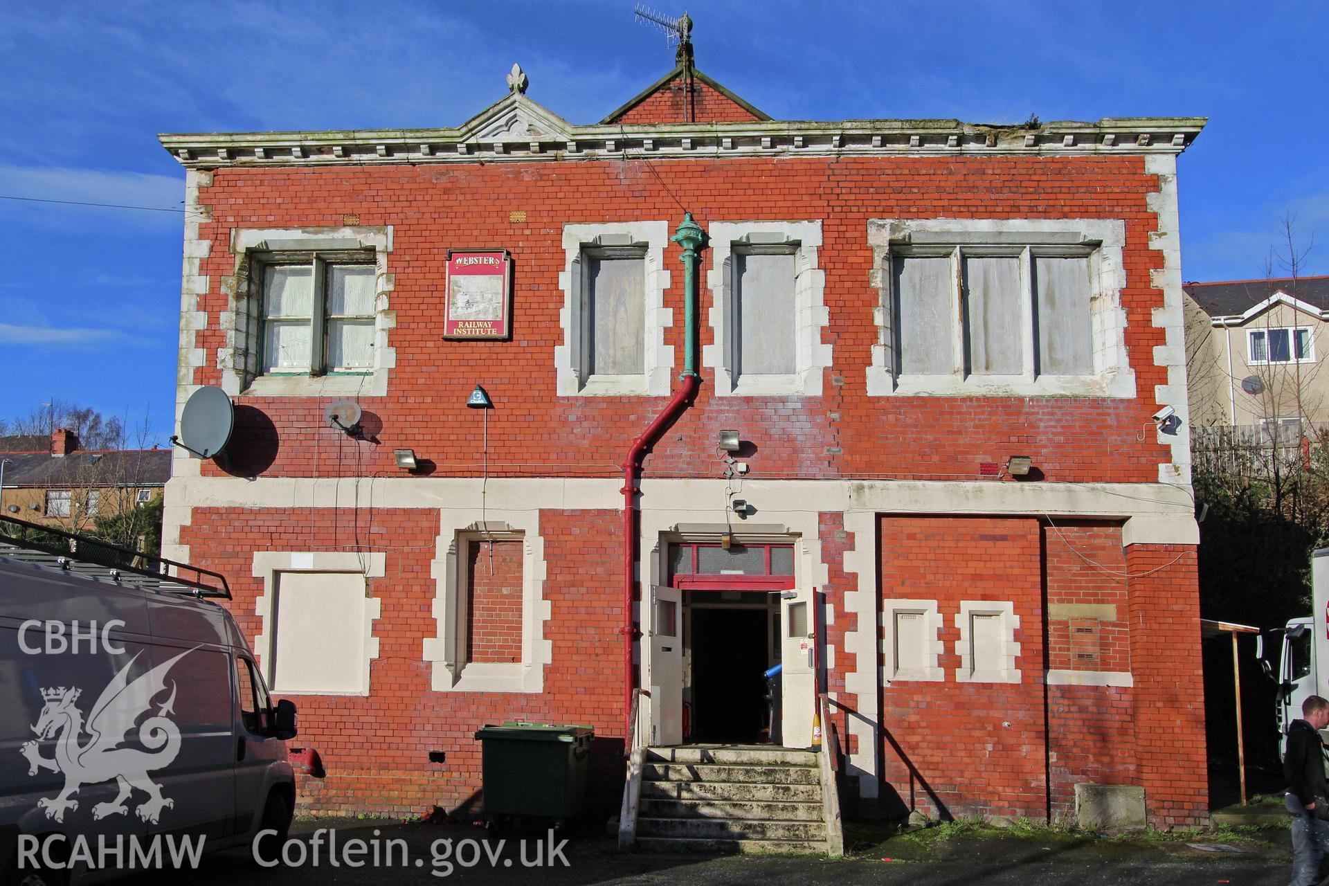 Exterior view of side elevation at the Railway Institute, Bangor. Photographed during survey conducted by Sue Fielding for the RCAHMW on 4th April 2016.