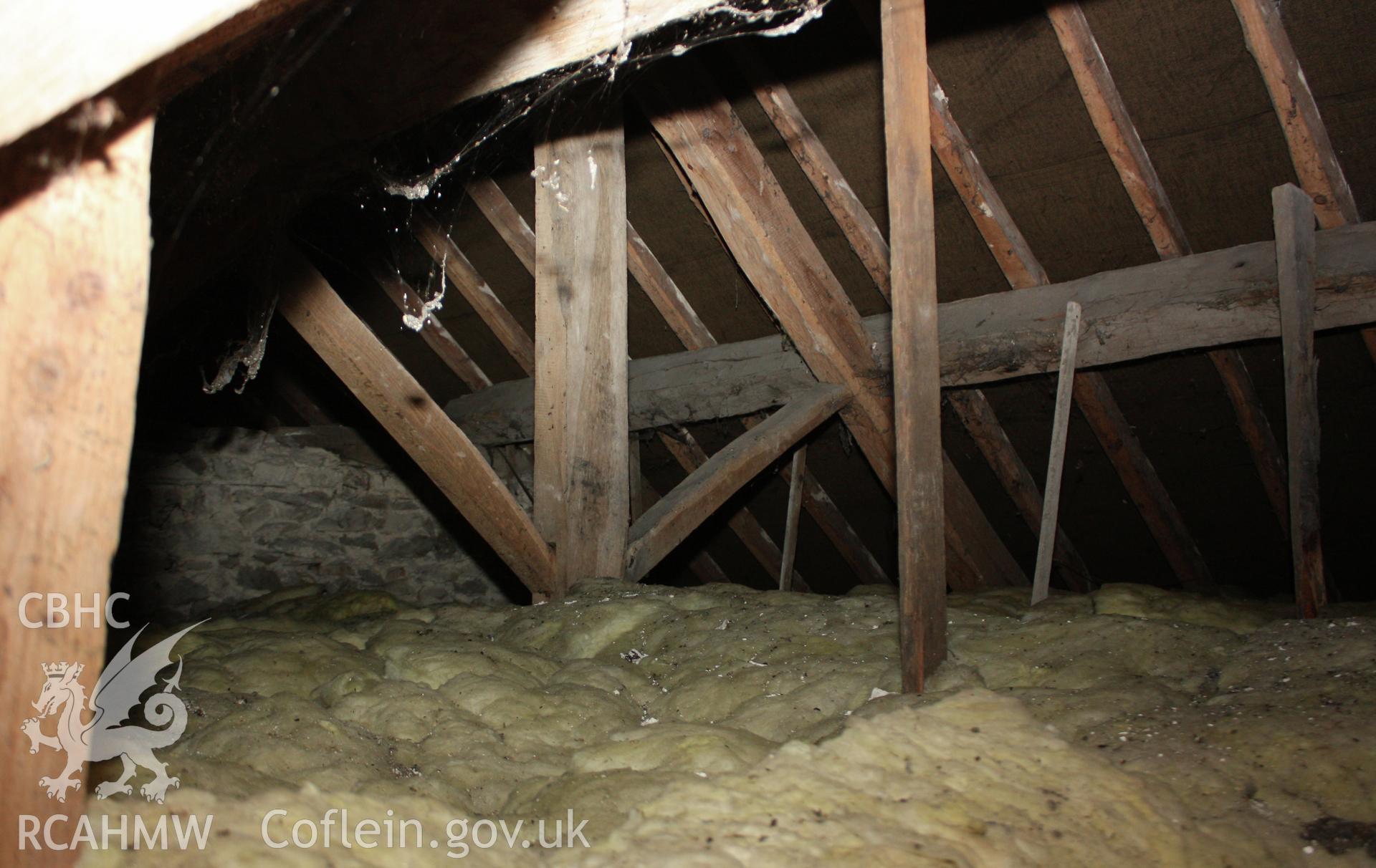 Interior view of timber frame and roof beams at Glanhafon-Fawr Farmhouse. Photographic survey of Glanhafon-Fawr Farmhouse conducted by Geoff Ward on 4th November 2010.