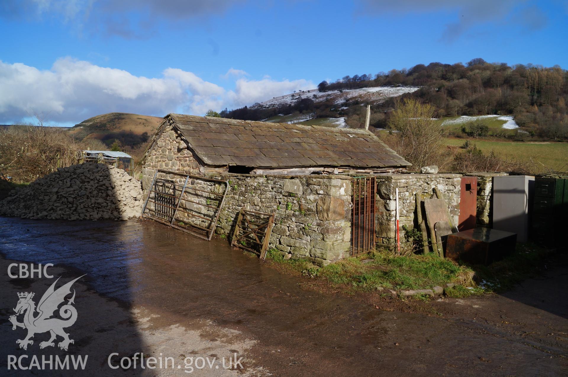 View 'looking northeast at the former pigsty' on Gwrlodau Farm, Llanbedr, Crickhowell. Photograph and description by Jenny Hall and Paul Sambrook of Trysor, 9th February 2018.