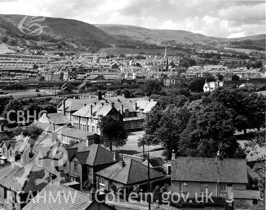 Digitised black and white photograph showing rear elevation of the 'Girls' Intermediate School, Aberdare,' within the town of Aberdare, undated. Included in material associated with building recording conducted by Archaeology Wales, February 2018.