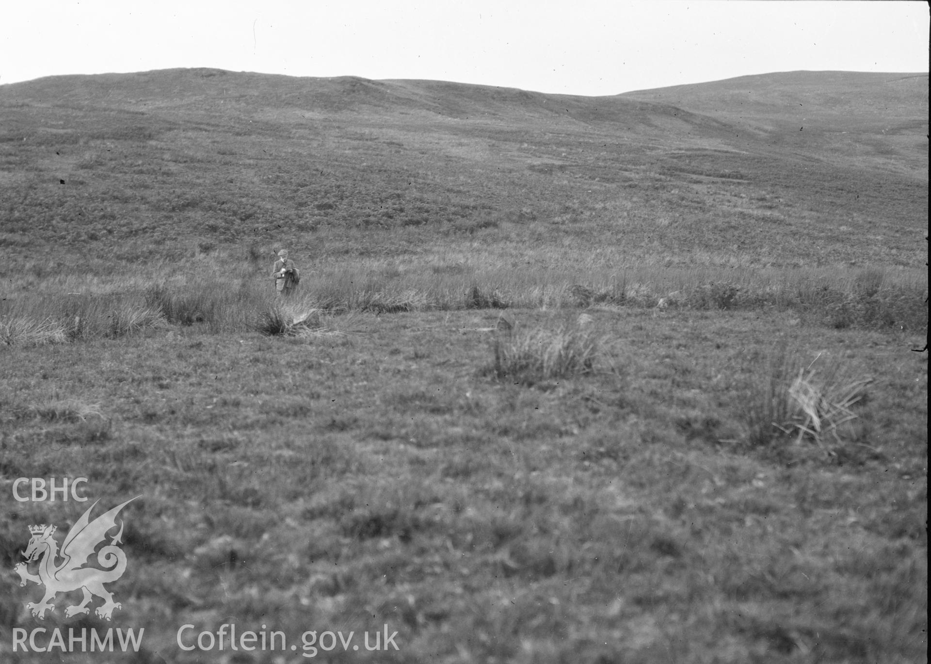 Digital copy of a nitrate negative showing view of Rhos y Beddau stone circles taken by Leonard Monroe.