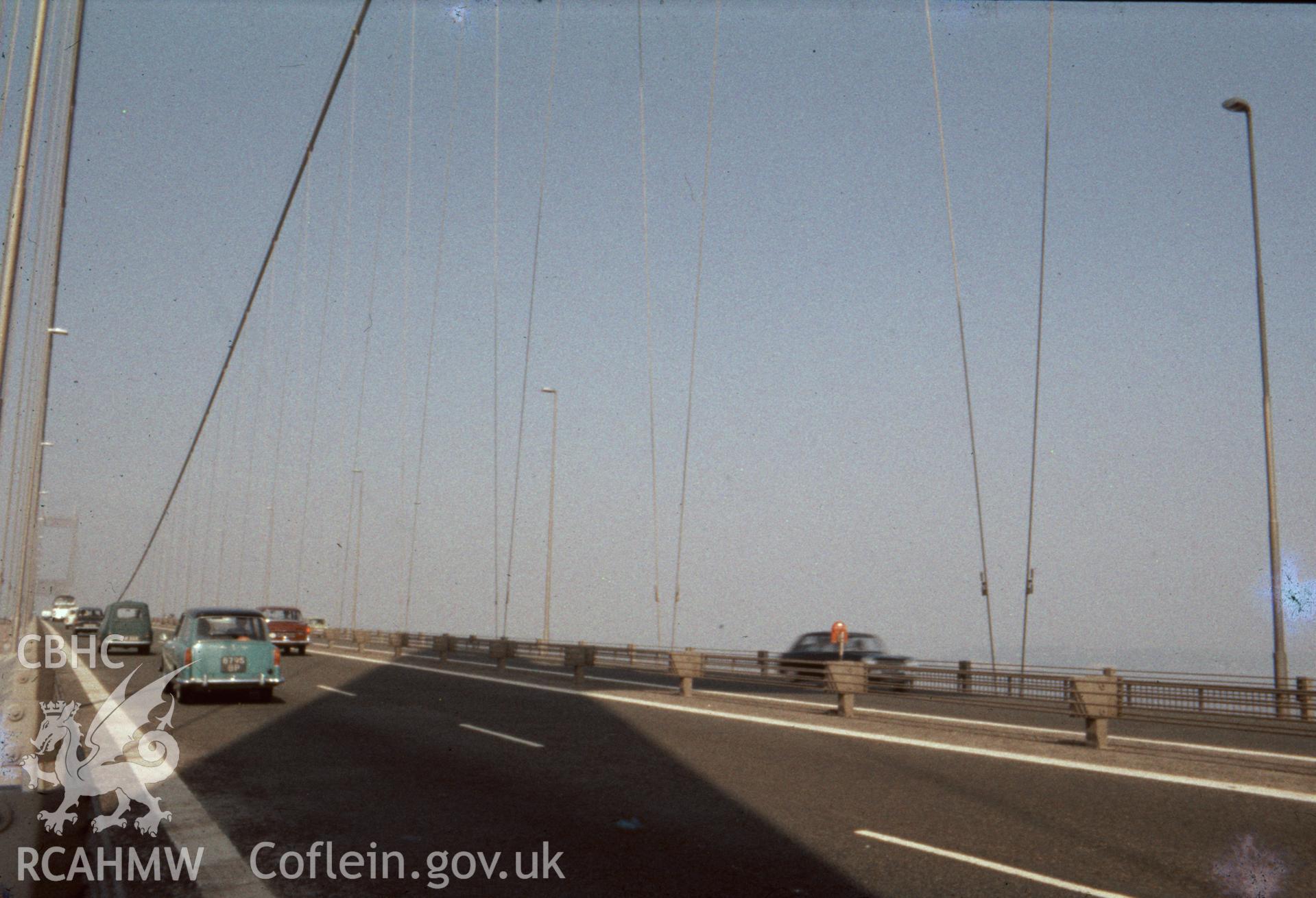 Digital copy of a colour slide showing suspension rods of the Severn Bridge, taken by Douglas Hague 1967.