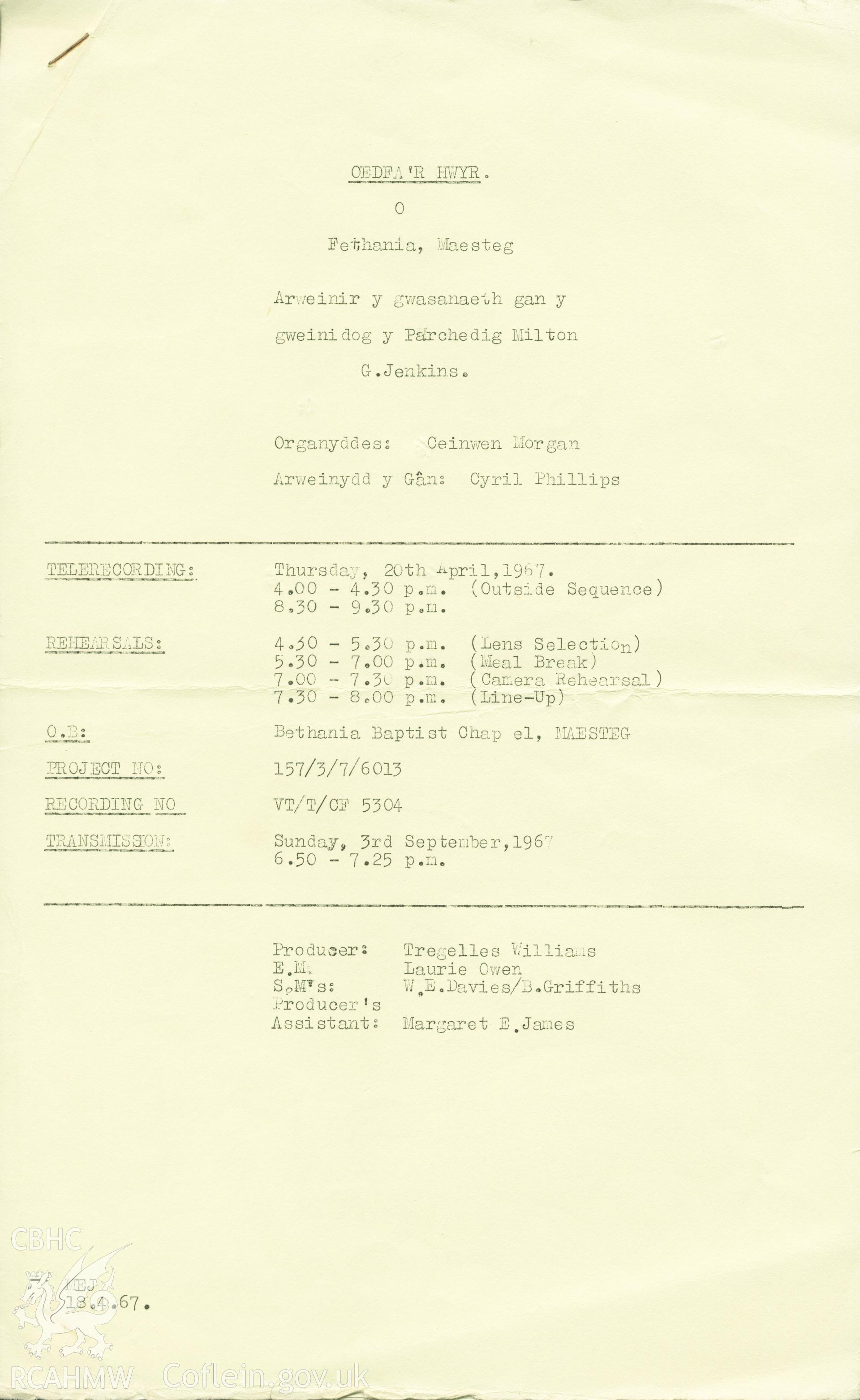 Copy of running order of service on 20th April 1967, recorded by the BBC and broadcast on 3rd September, 1967. Donated to the RCAHMW by Cyril Philips as part of the Digital Dissent Project.