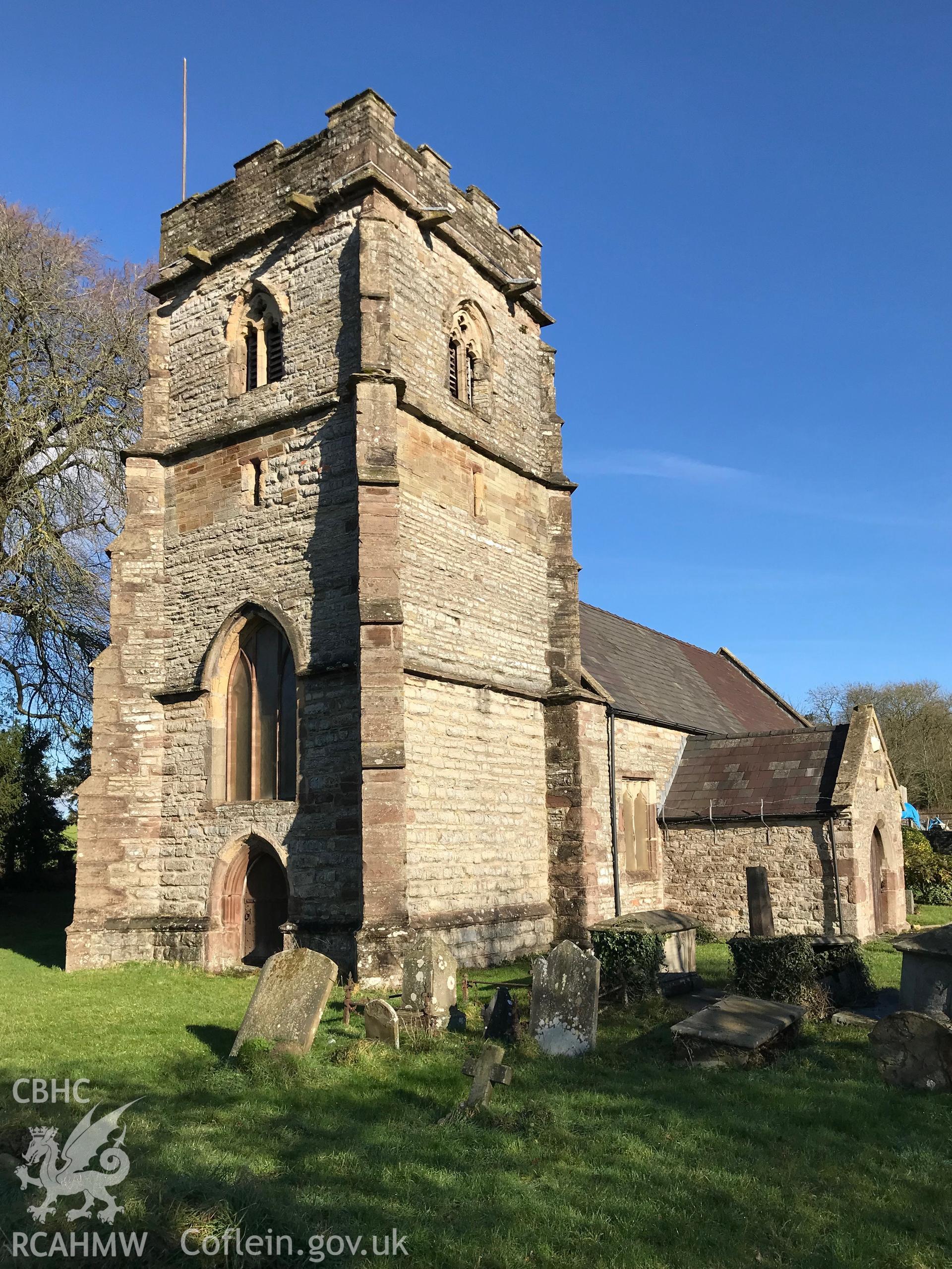 Colour photograph showing exterior view of St. Mary's church, Llanwern, east of Newport, taken by Paul R. Davis on 4th February 2019.