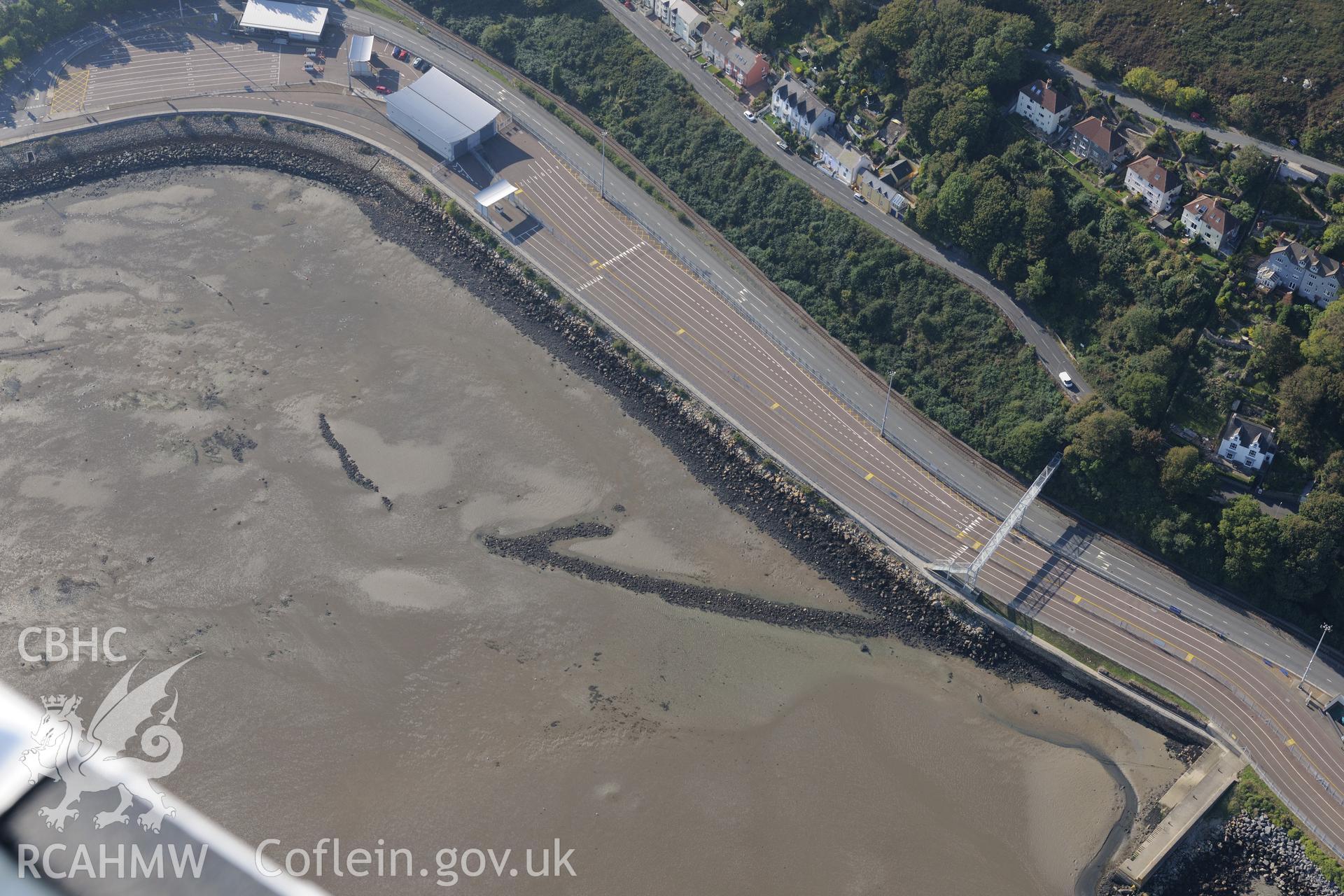Fishguard Harbour north-west fish trap. Oblique aerial photograph taken during the Royal Commission's programme of archaeological aerial reconnaissance by Toby Driver on 30th September 2015.