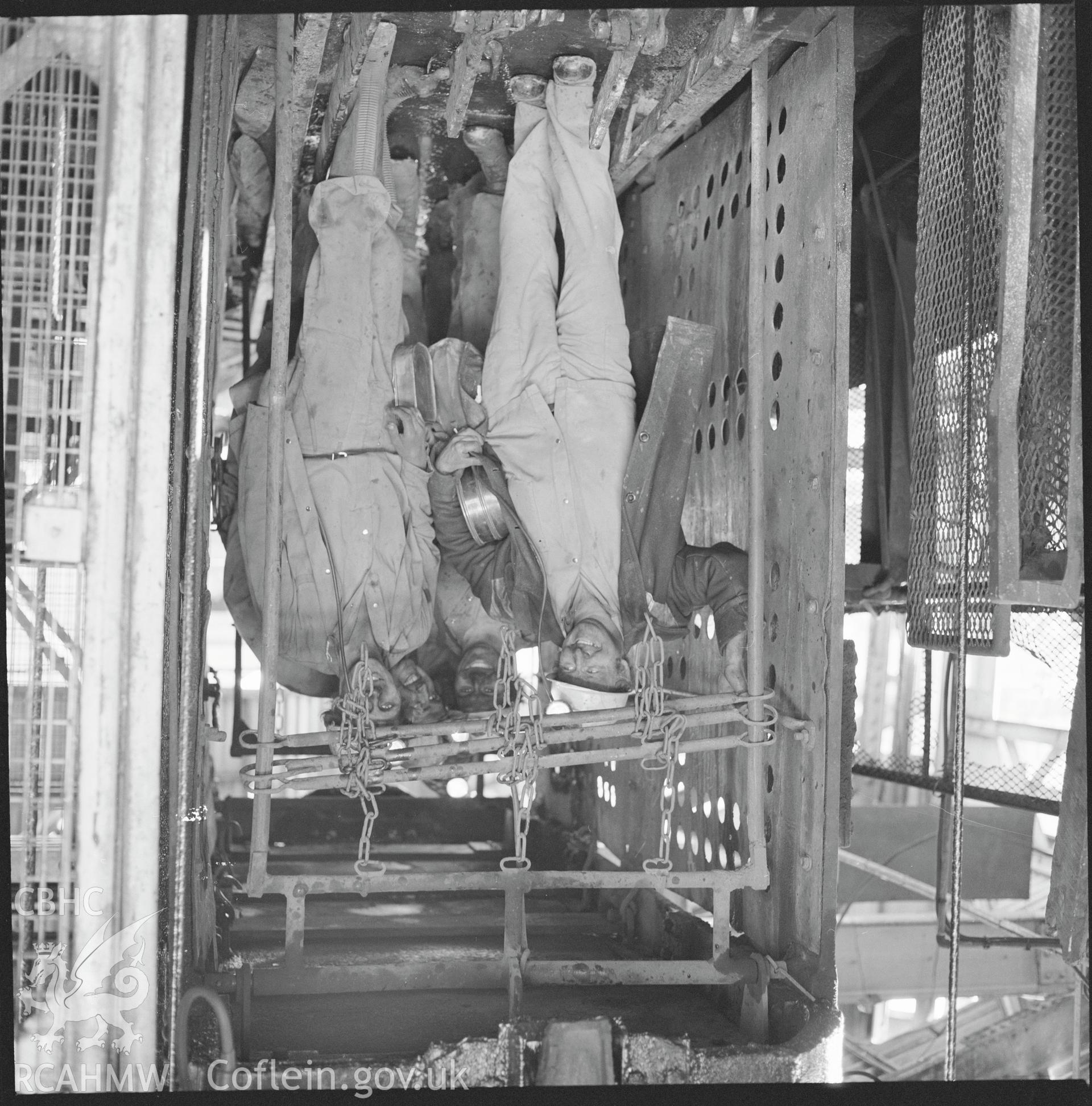 Digital copy of an acetate negative showing afternoon shift in cage at Taff Colliery, from the John Cornwell Collection.
