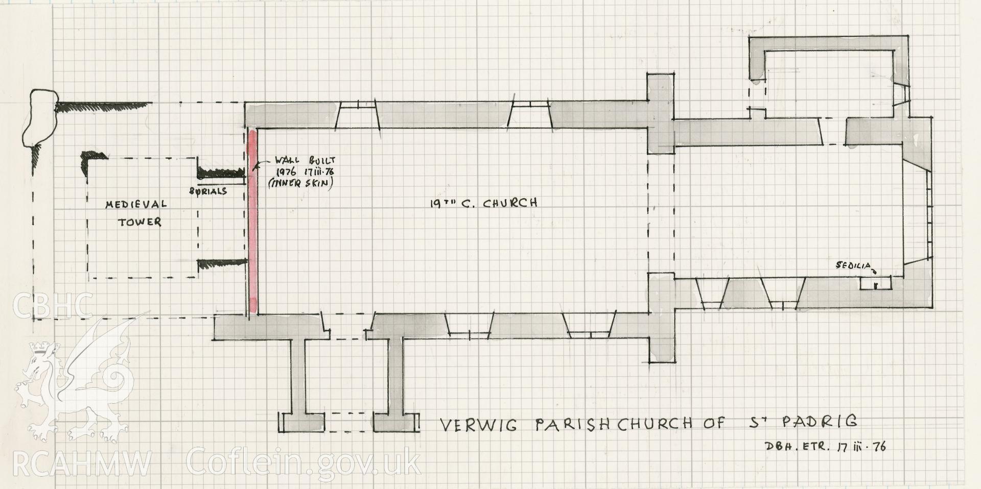 Digital copy of a sketch plan of St Pedrog's church, Y Ferwig produced by Douglas Hague and Bunty Richards, March 1976