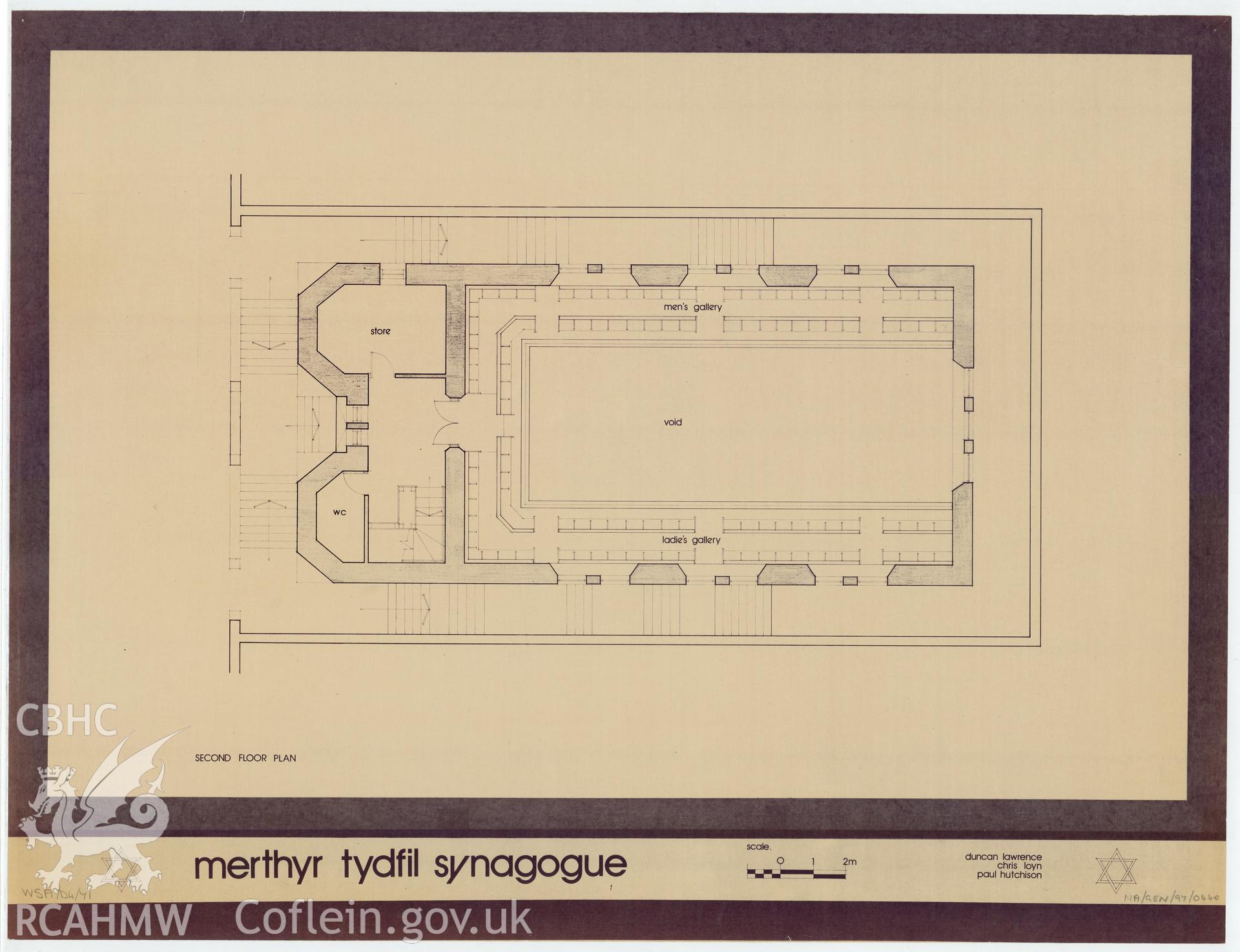 Second floor plan drawing of Merthyr Tydfil Synagogue. ref. WSA/D4/71. nprn 11795.